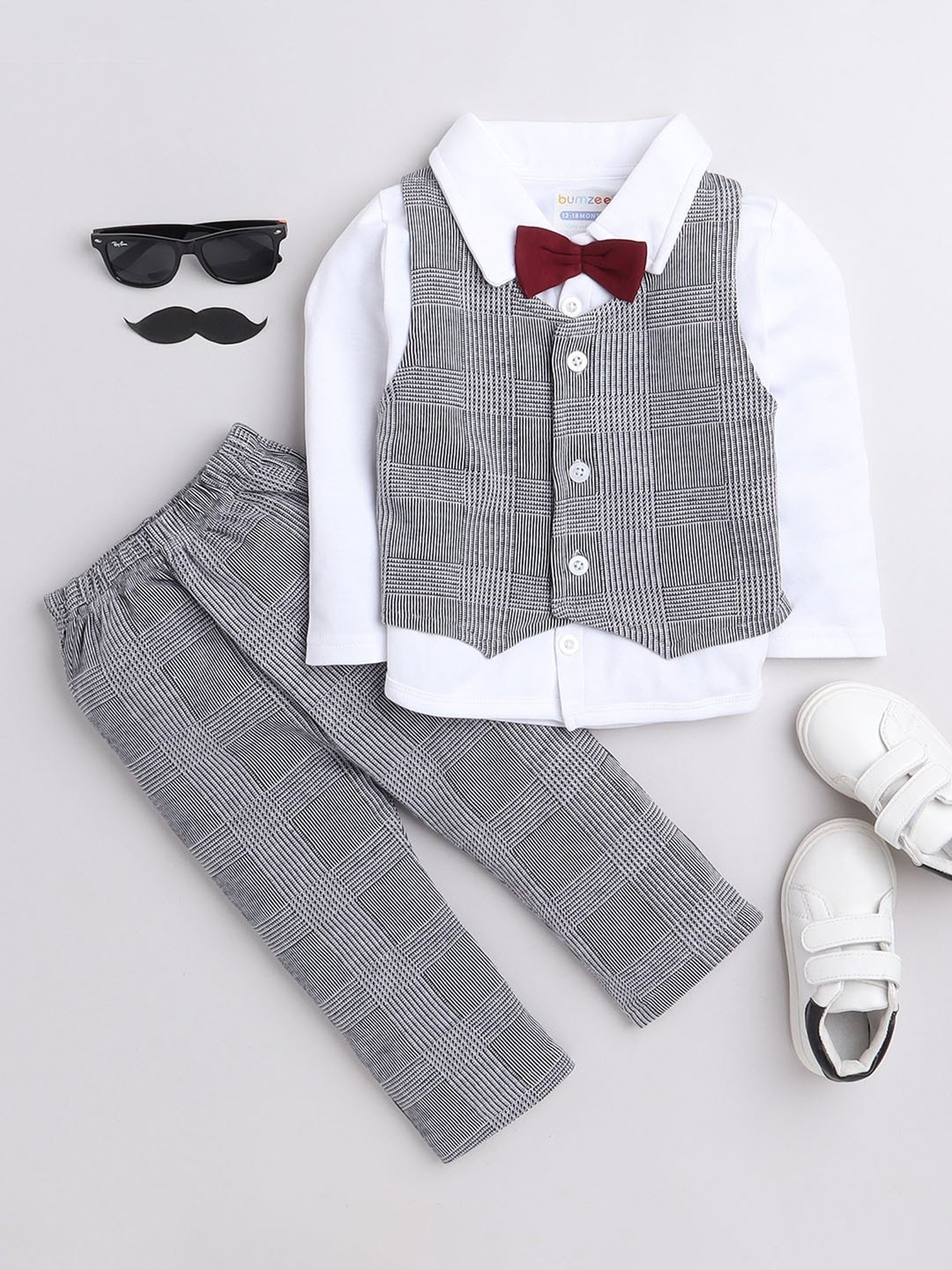 Bumzee Kids Grey & White Checks Full Sleeves Shirt, Waistcoat with Pants