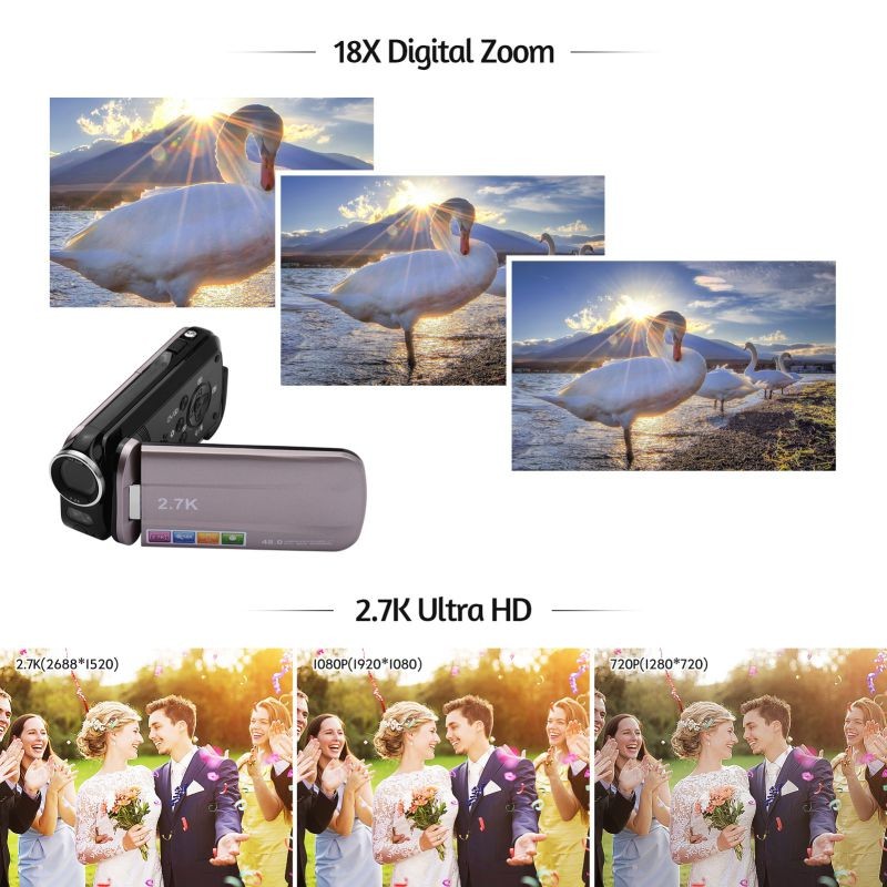 2.7K Ultra HD Mini Digital Video Camera DV Camcorder 48MP 3 Inch Rotatable LCD Touchscreen 18X Zoom Built-in LED Fill-in Light with Rechargeable Lithium Battery for Kids Teenagers Beginners