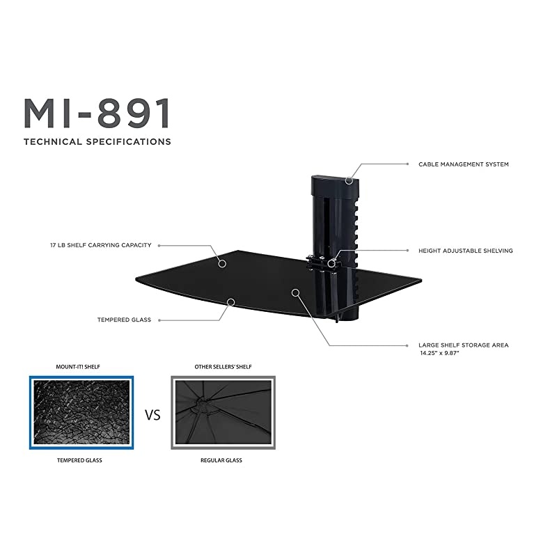 MI891 Floating Wall Mounted Shelf Bracket Stand for AV Receiver Component Cable Box Playstation4 Xbox1 DVD Player Projector 176 Lbs Capacity 1 Shelf Tinted Tempered Glass Black