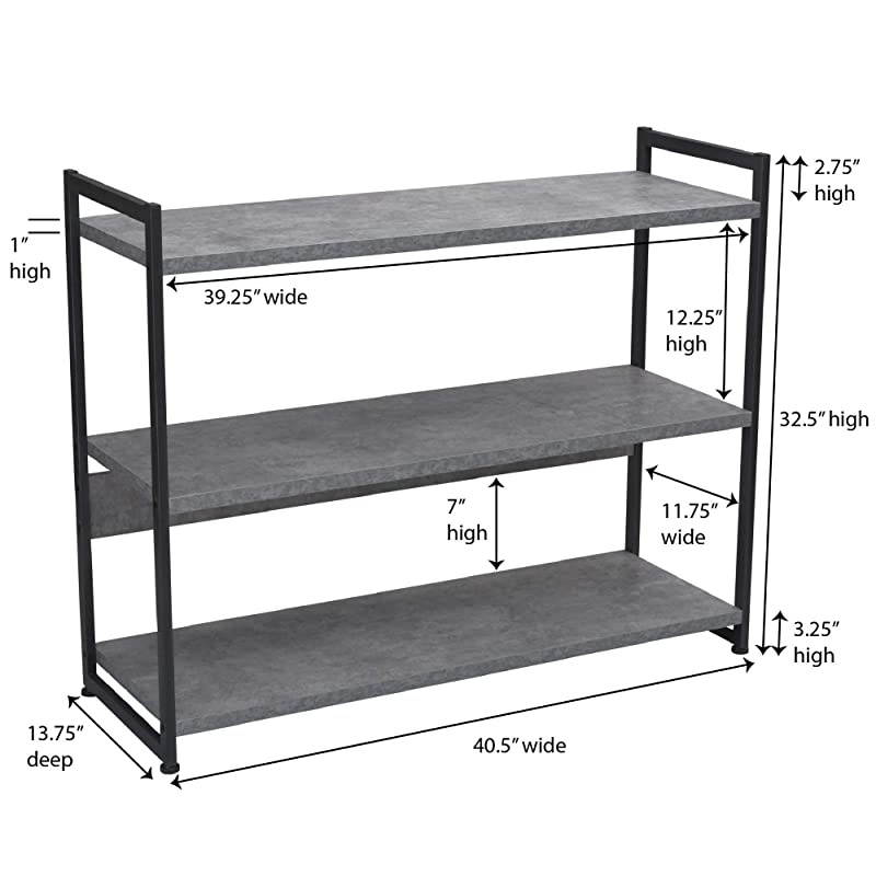 3 Tier Storage Shelf with Minimalist Metal Frame | 40.5" W x 32.5" H x 13.75" D | Slate Faux Concrete, Grey