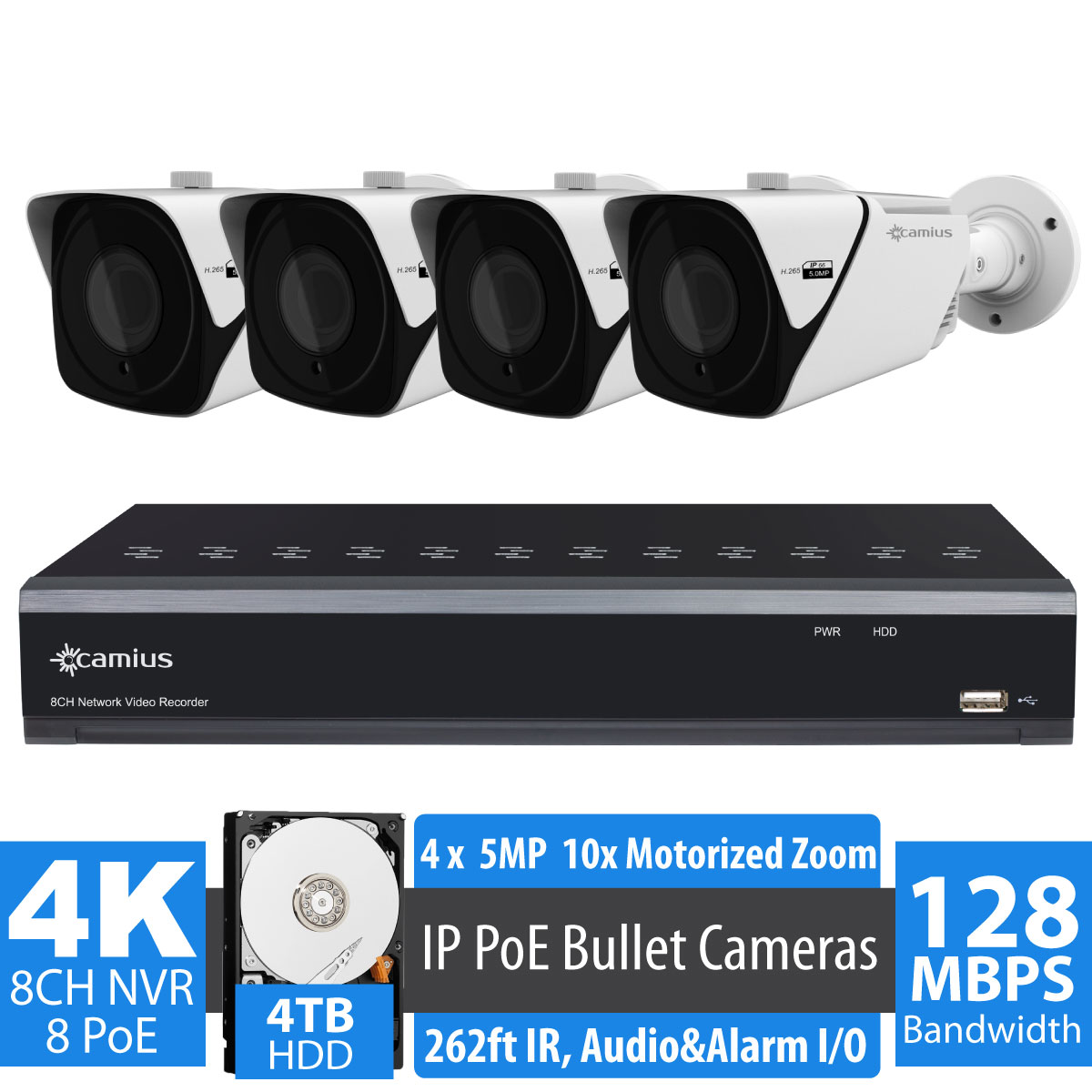 New - Camius 8 Channel 4K NVR security system, 4TB HDD, 4 x 5MP 10x Zoom Intelligent IP PoE Outdoor Bullet cameras with motorized varifocal lens 5-50mm, 260ft night vision, audio, alarm input & output