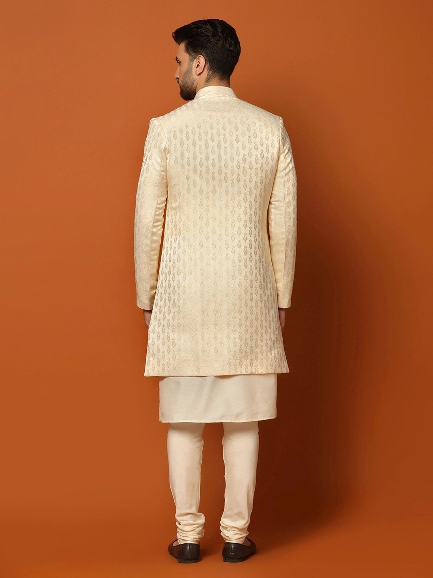 KISAH Peach Cotton Regular Fit Self Pattern Sherwani Set