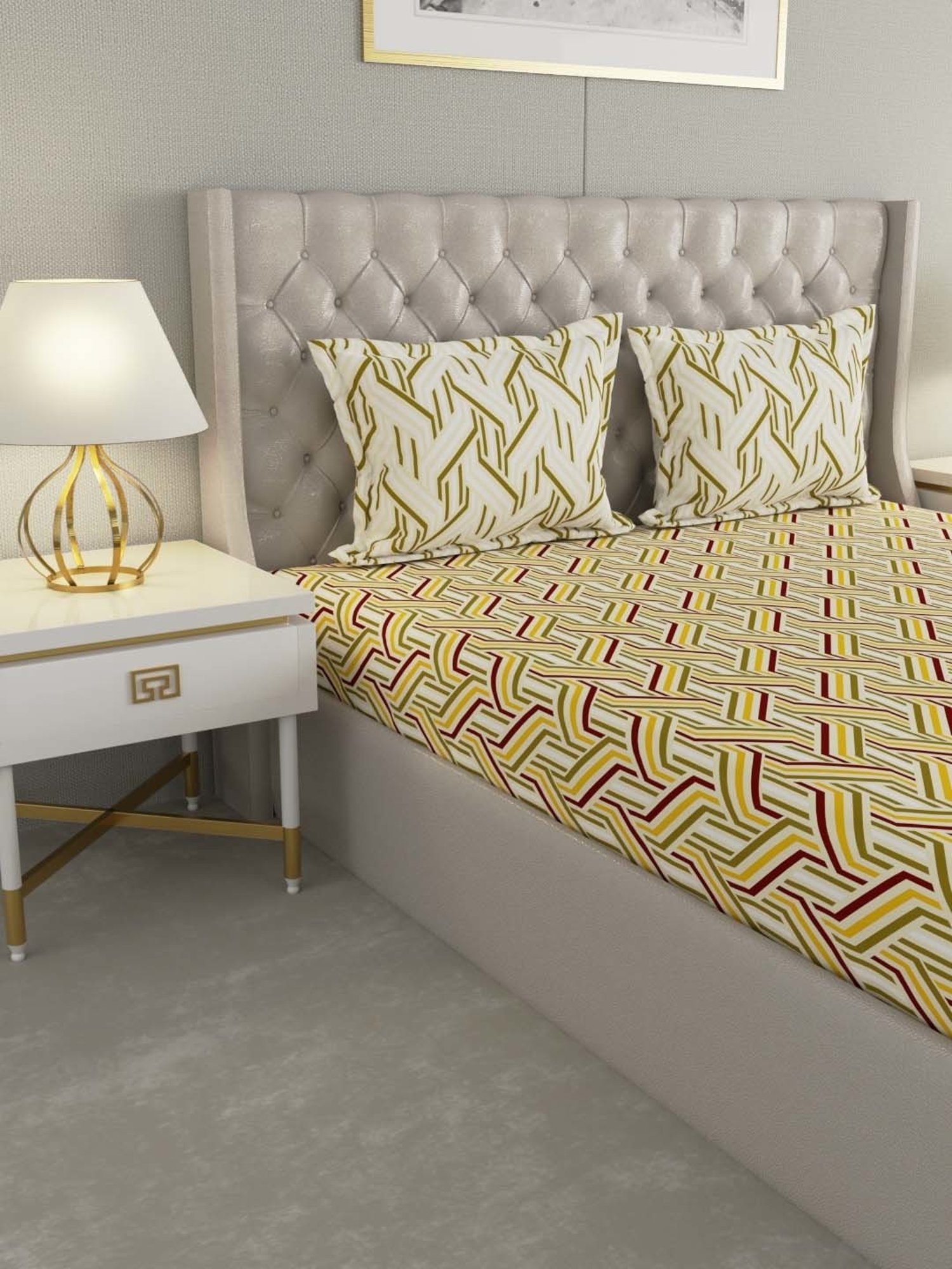 Raymond Home Green & Yellow Cotton 144 TC King Bedsheet with 2 Pillow Covers