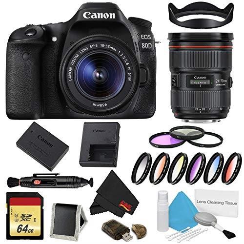 Canon EOS 80D DSLR Camera with 18-55mm Lens Bundle w/ 9 Piece Filter & Memory Kit + 24-70mm Lens (Intl Model)