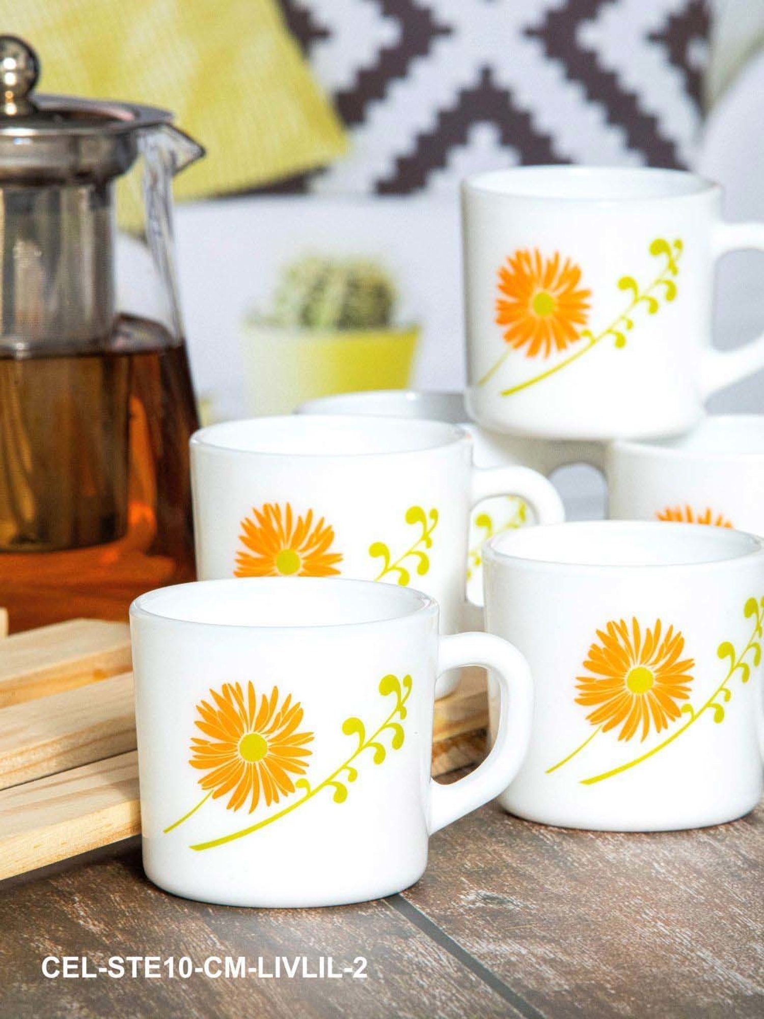 Cello White & Orange Glass Coffee Mug (0.1 L) - Set of 12