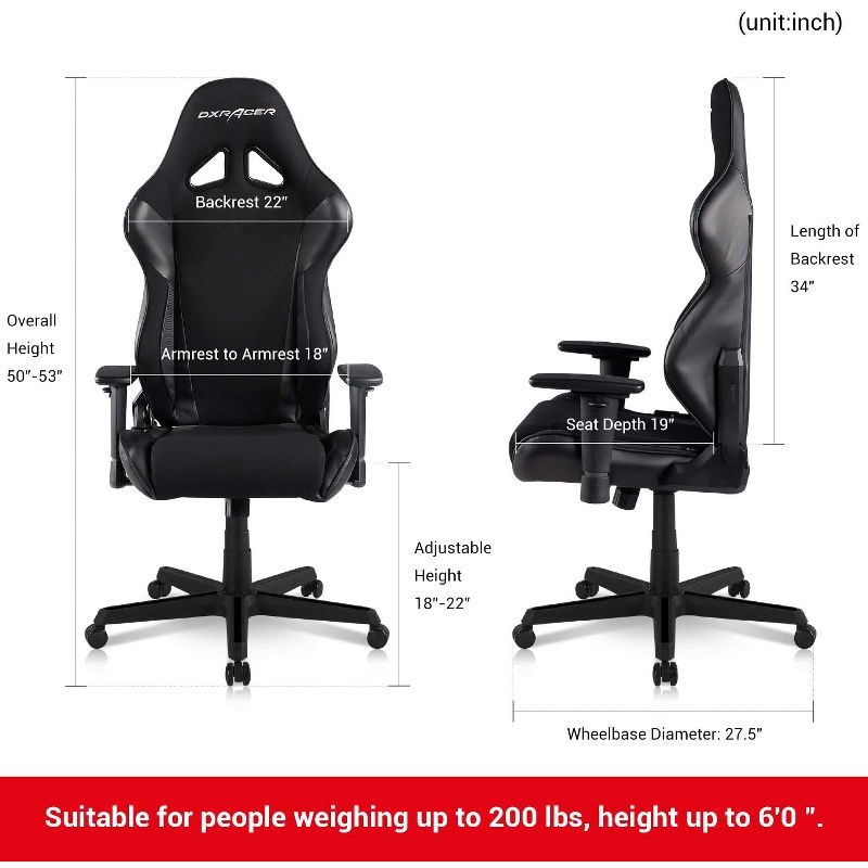 DXRacer OH/RAA106/NR Racing Series Adjustable Ergonomic Gaming Home Office Desk Chair with Lumbar Support, Swivel Base, Wheels, and Headrest, Black