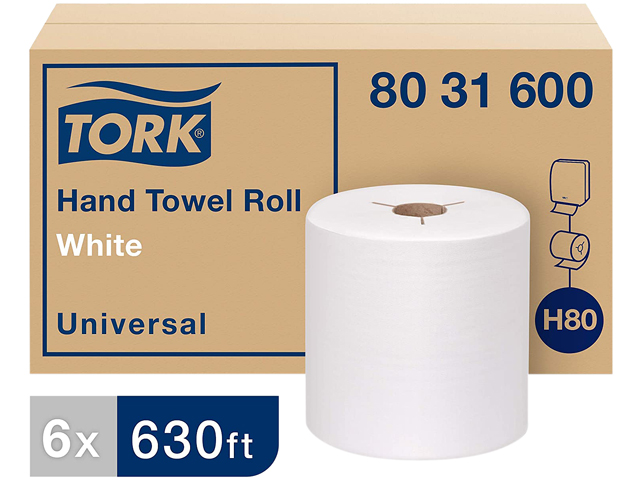 Tork 8031600 Universal Hand Towel Roll, Notched, 7.5" x 630 ft, White, 6 Rolls / Carton