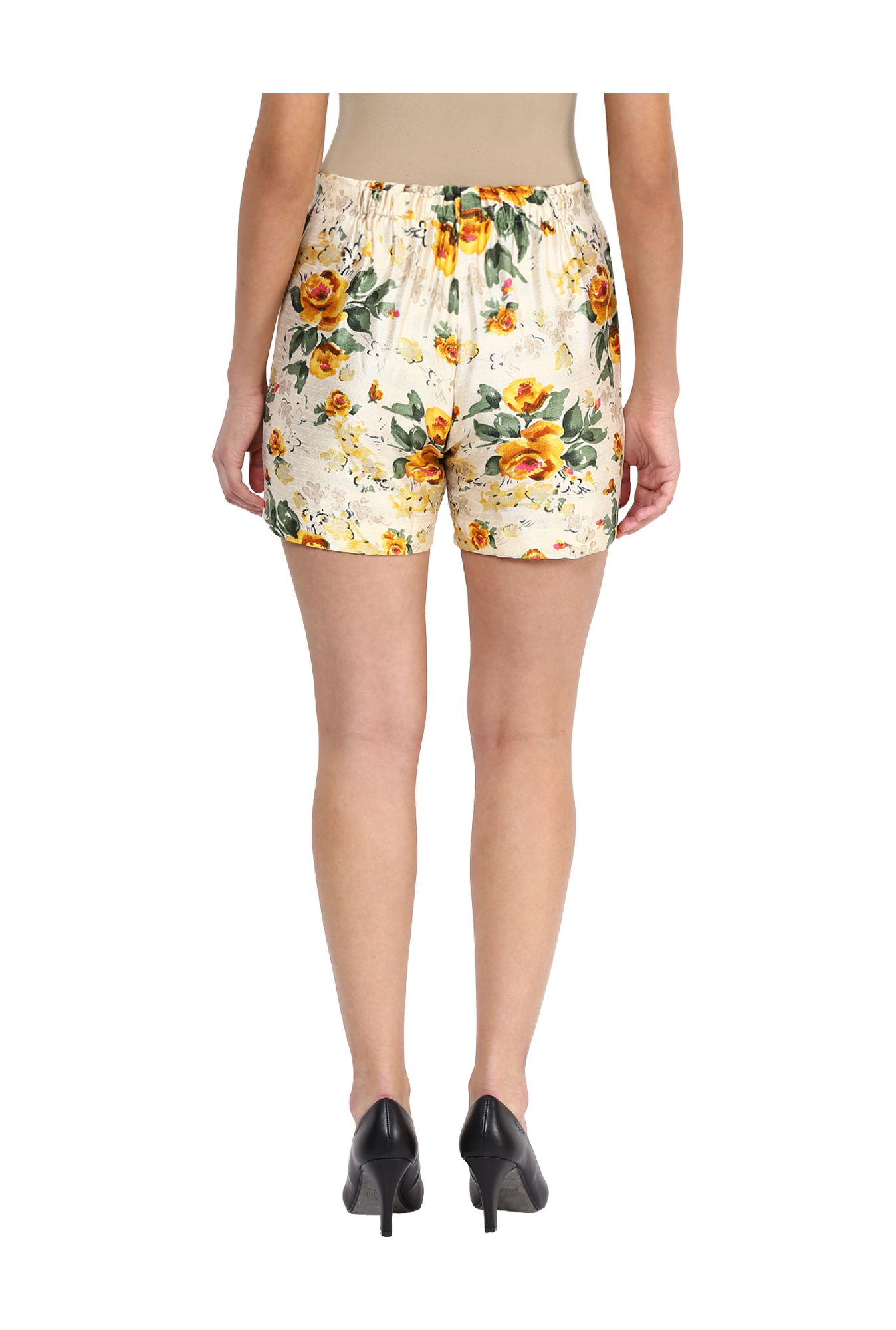 Miss Chase Beige Floral Print Slim Fit Shorts