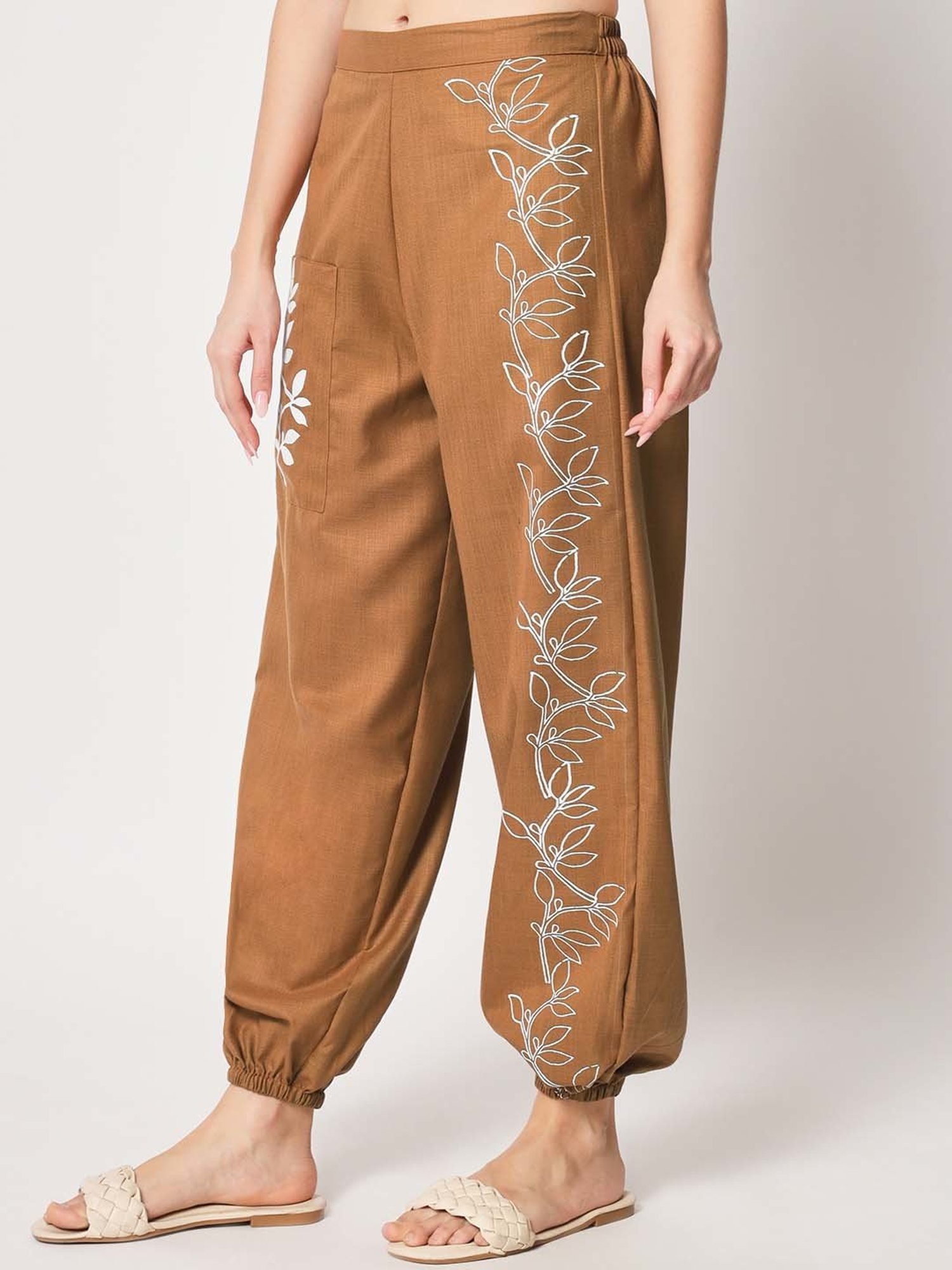 9rasa Brown Cotton Printed Trousers