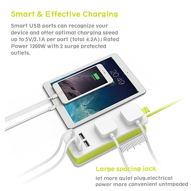 Outlet Travel Power Strip Surge Protector with 4 Smart USB Charging Ports Total 5V 42A Output and 5ft CordMultiPort USB Wall Charger Desktop Hub Portable Travel Charger Charging Station