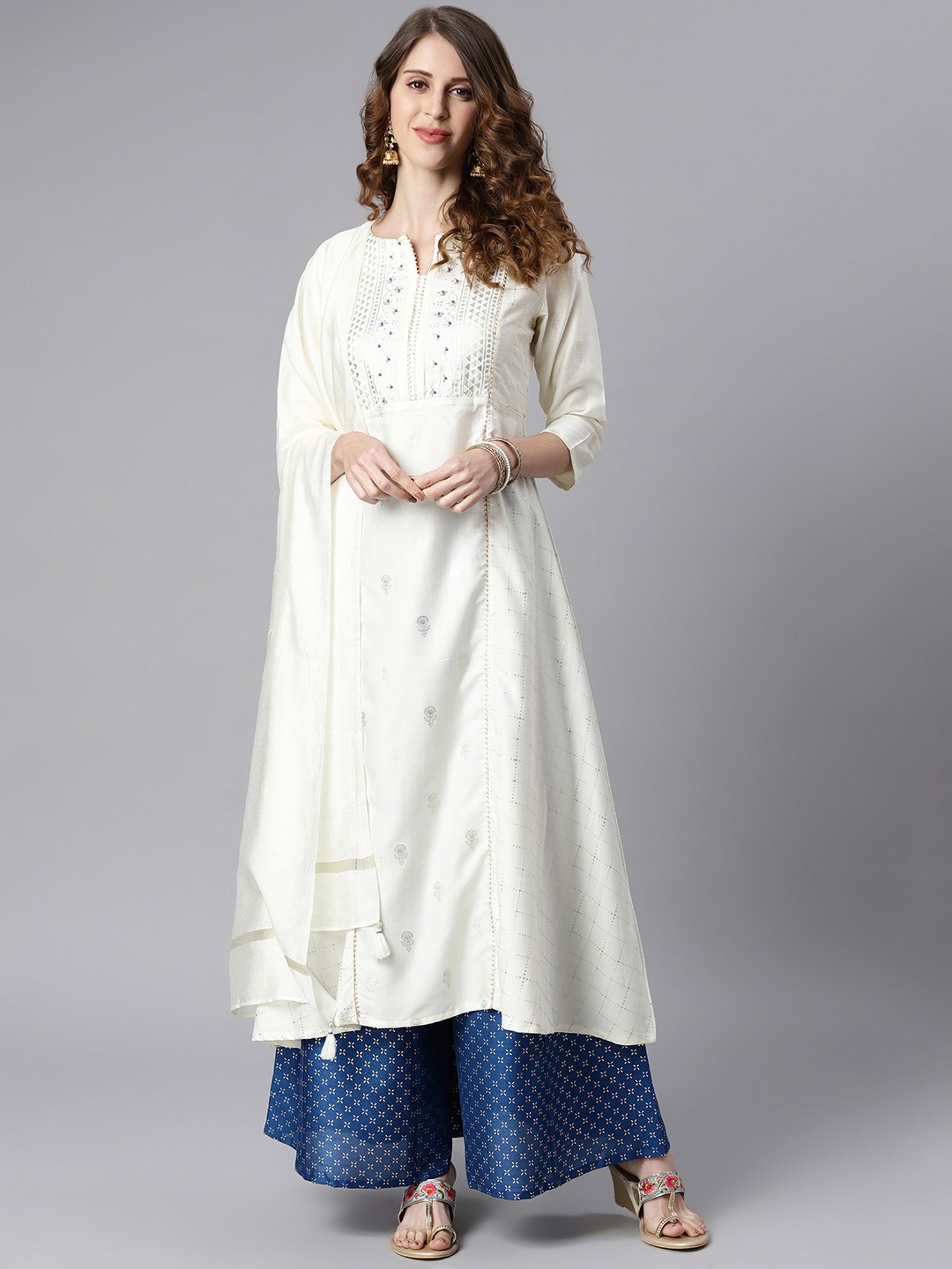 Janasya White & Blue Round Neck Kurta With Palazzo & Dupatta
