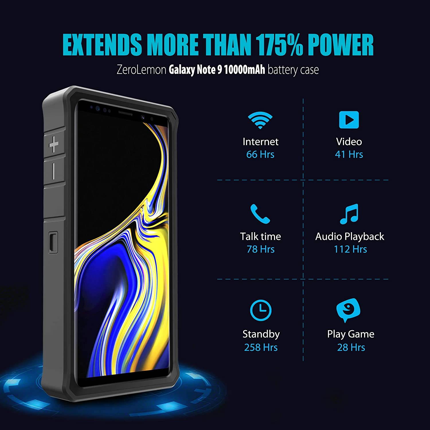 Galaxy Note 9 Battery Charging Case, ZeroLemon ZeroShock 10000mAh Extended Rechargeable Battery Rugged Case with Full Edge Protection for Galaxy Note 9 - Black