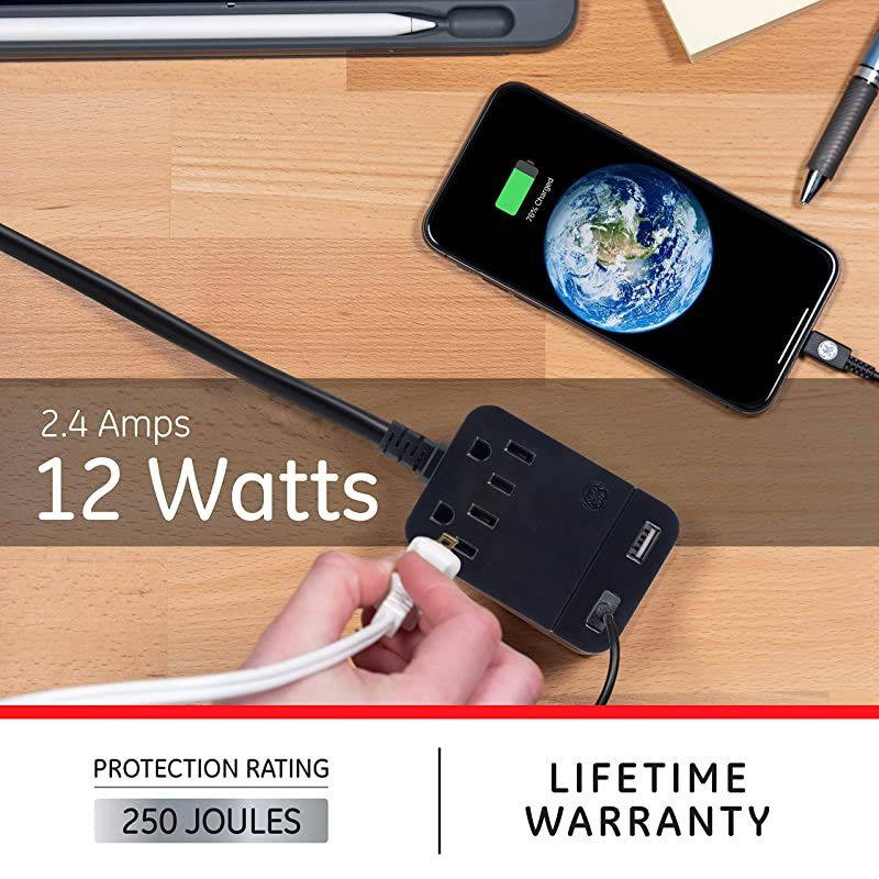 Black Pro Charging Extension Sur Protector 2 Outlets 2 USB Ports 8 Ft Power Cord Flat Plug 250 Joules WallMount 37680