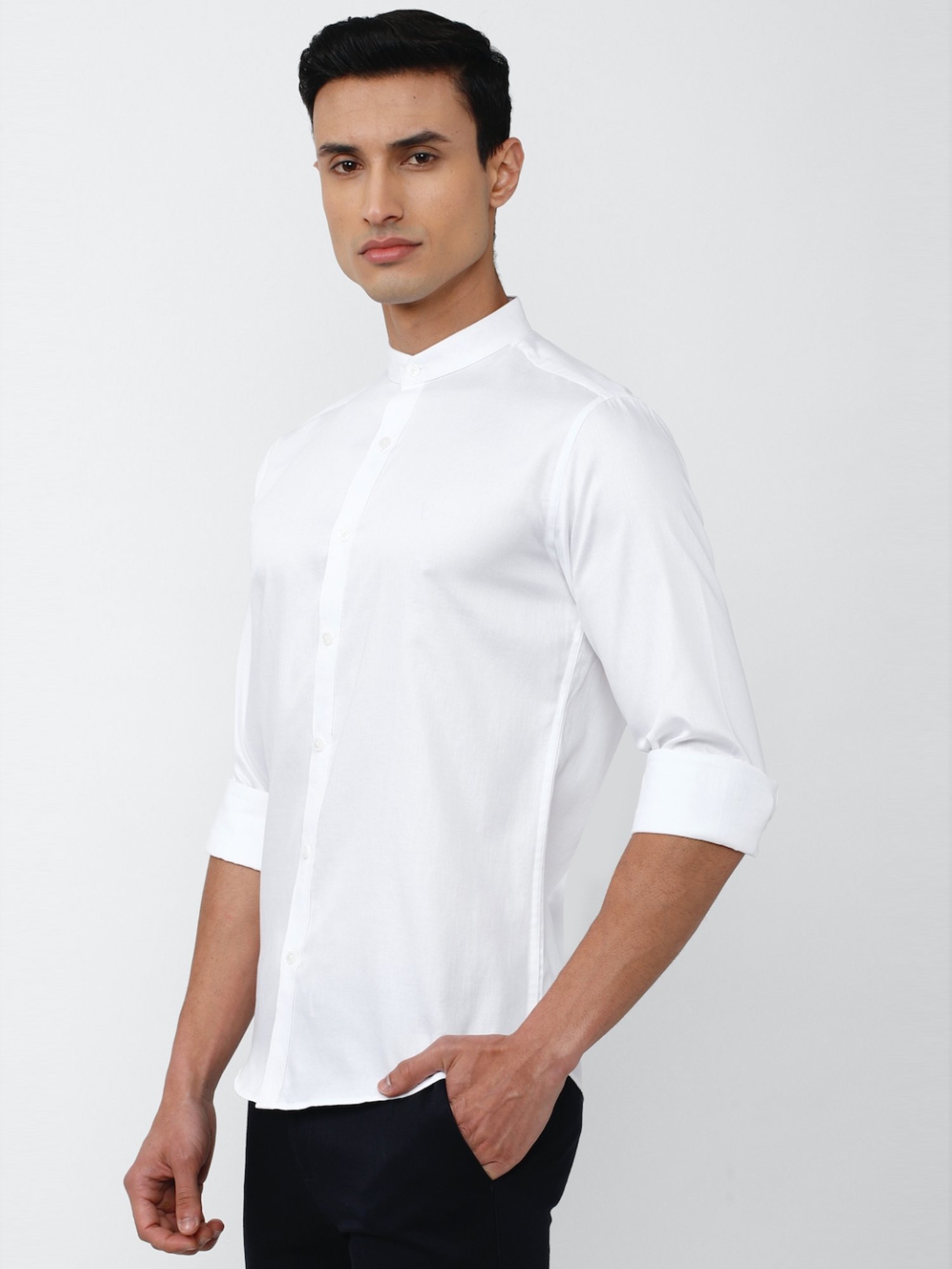 V Dot White Cotton Slim Fit Shirt