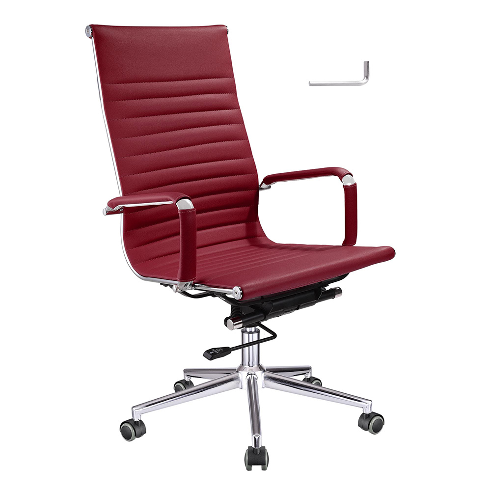 High Back Ribbed PU Leather Office Chair Executive Computer Desk Contemporary Red