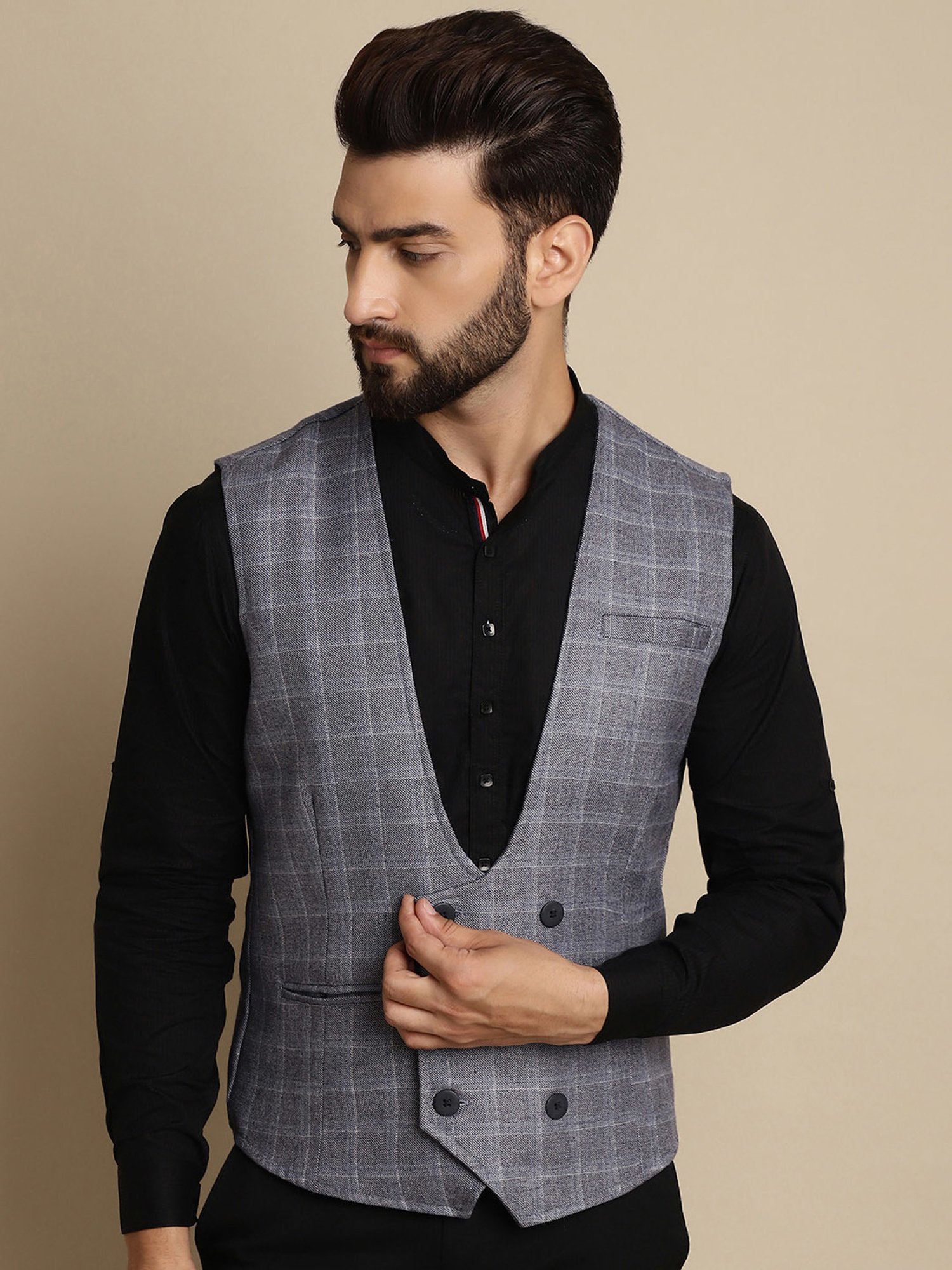 Even Slate Grey Regular Fit V Neck Check Waistcoat