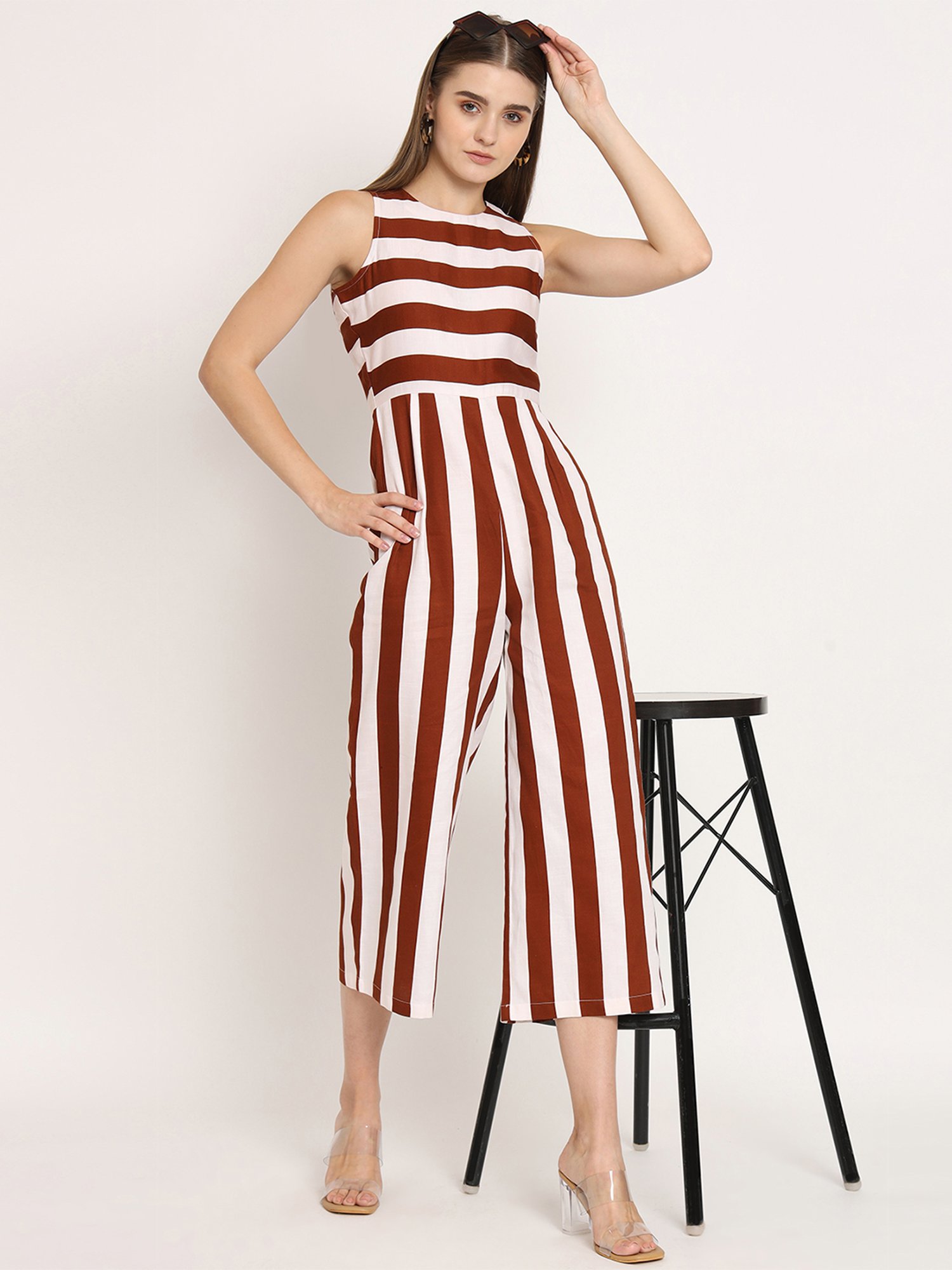 Moomaya Brown & White Striped Jumpsuit