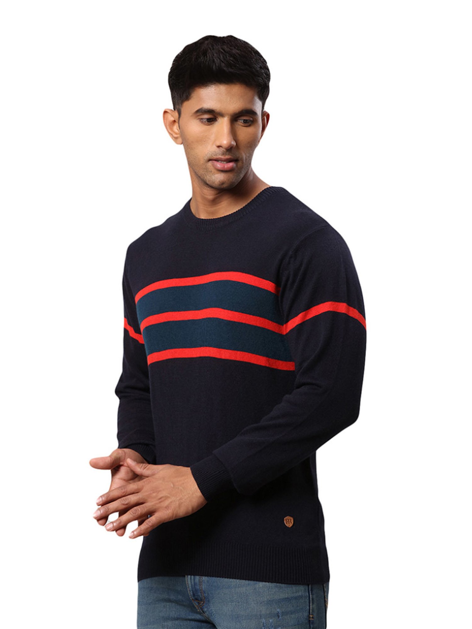 Raymond Blue Regular Fit Striped Sweater