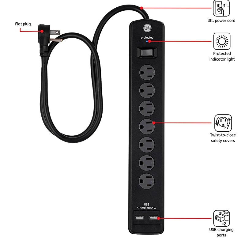 7 Strip Sur Protector with 2 Port USB Charr 3 Ft Power Cord Twist to Close Safety Outlets1300 Joules 21A10W UL Listed Black 33664