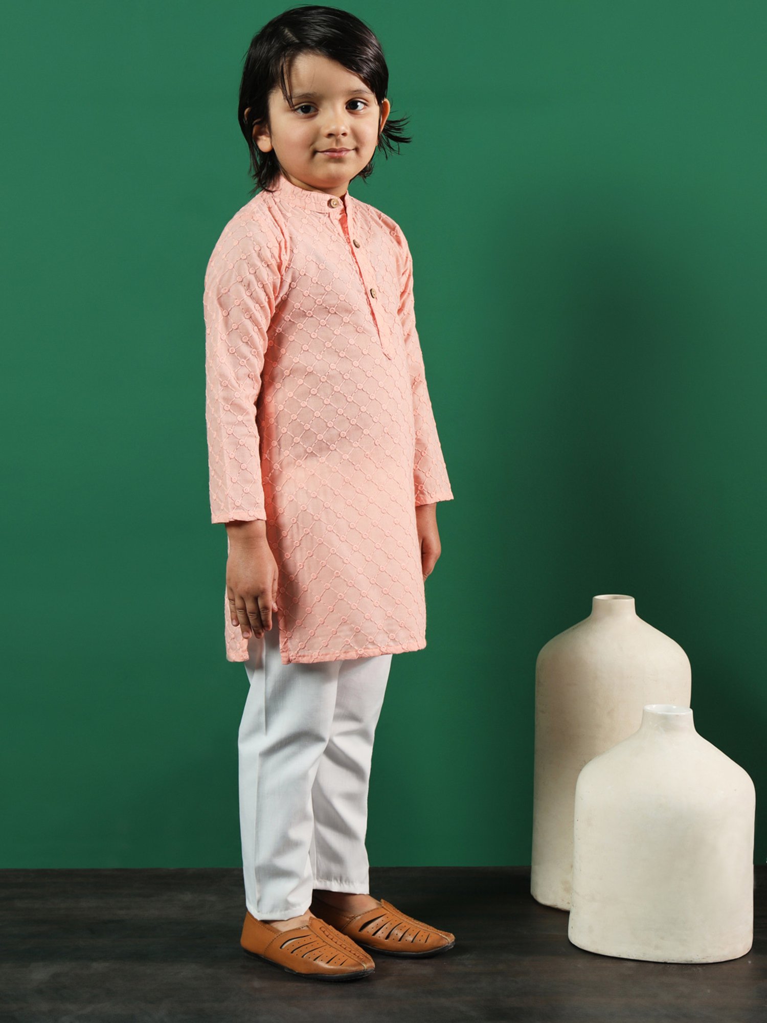 READIPRINT FASHIONS Kids Peach & White Embroidered Full Sleeves Kurta with Pyjamas