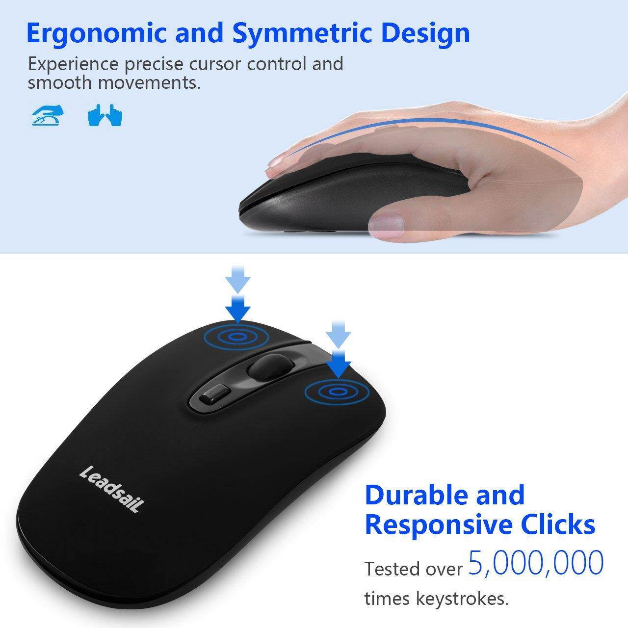 LeadsaiL Rechargeable Wireless Mouse,Computer Mouse Wireless,Cordless Mouse Silent Click,Mini USB Wireless Mouse Ergonomic,Gaming Mouse with Nano Receiver, 2.4G, 5 Adjustable DPI Up to 2400