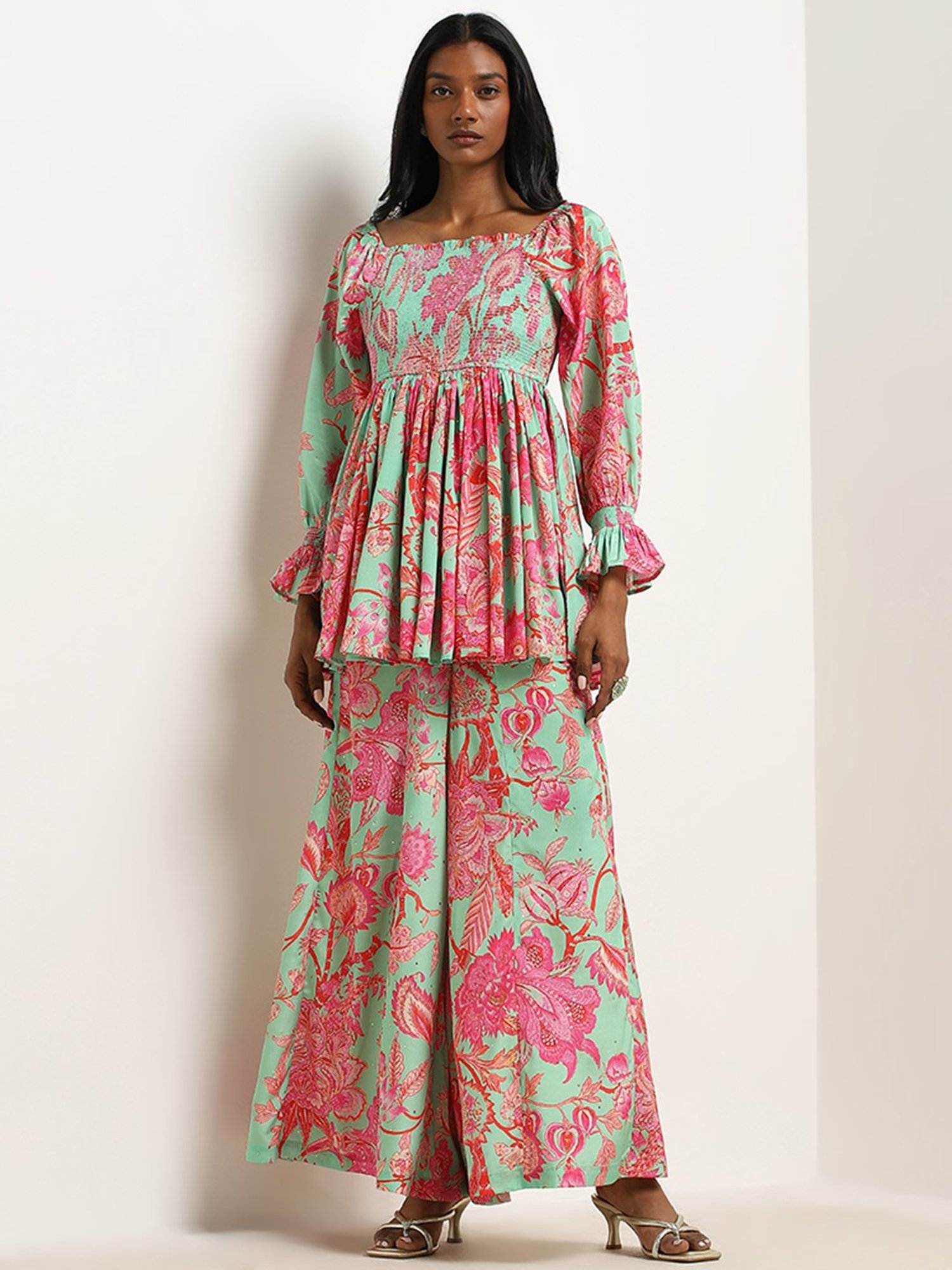 Vark by Westside Green Floral Printed Peplum Top Set