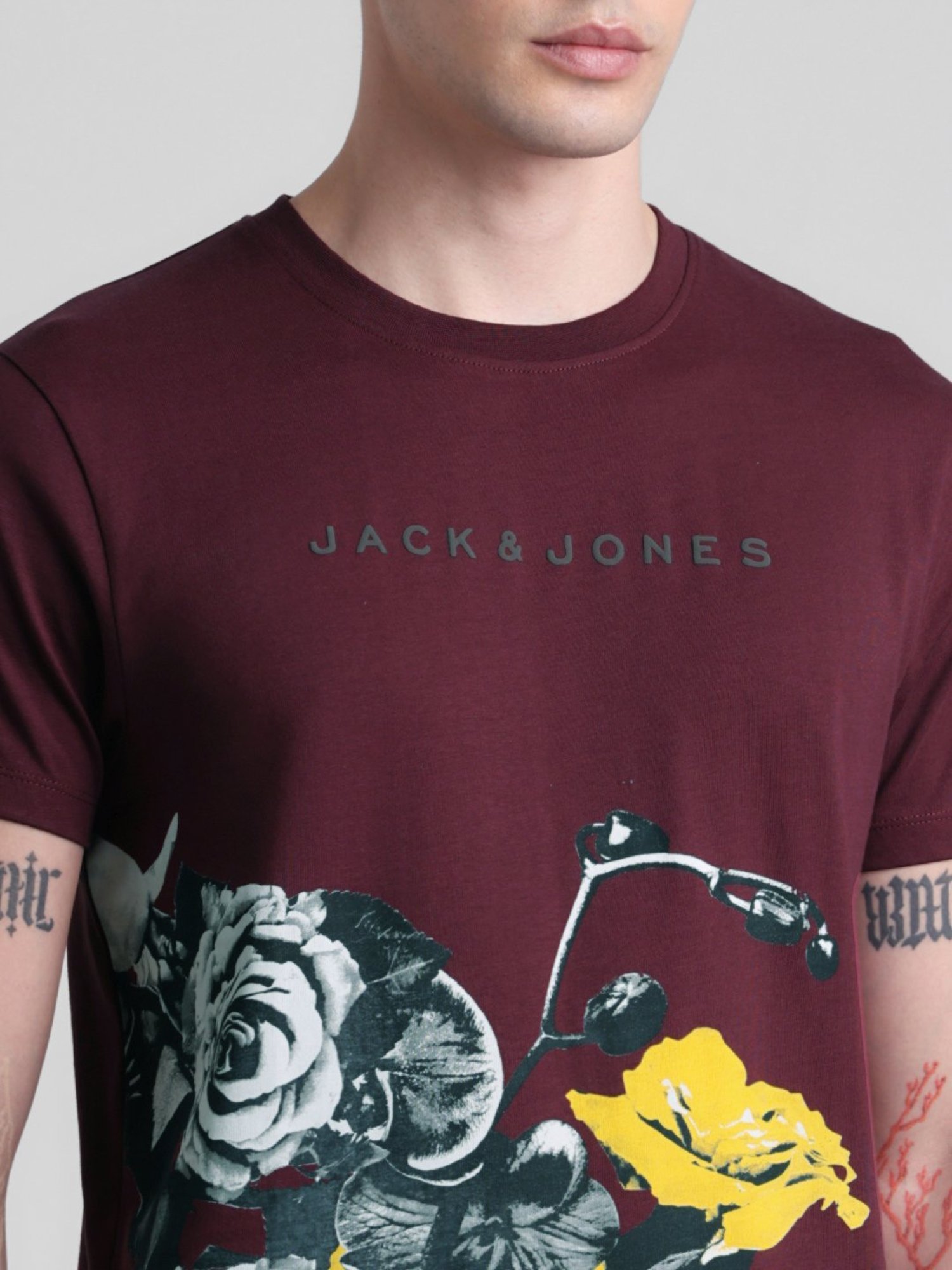 Jack & Jones Tawny Port Cotton Slim Fit Printed T-Shirt