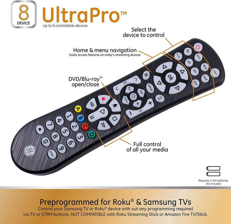 GE Backlit Universal Remote Control for Samsung, Vizio, Lg, Sony, Sharp, Roku, Apple TV, TCL, Panasonic, Smart TVs, Streaming Players, Blu-Ray, DVD, 8 Device Backlit, Black, 41567