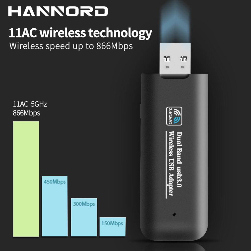 Hannord 1200Mbps USB WiFi Mini Network Adapter Dual Band AC 5.8GHz/866Mbps 2.4GHz/300Mbps USB 3.0 WiFi Adapter for Desktop Laptop PC with Windows XP/7/8/8.1/10 Linux Mac OS