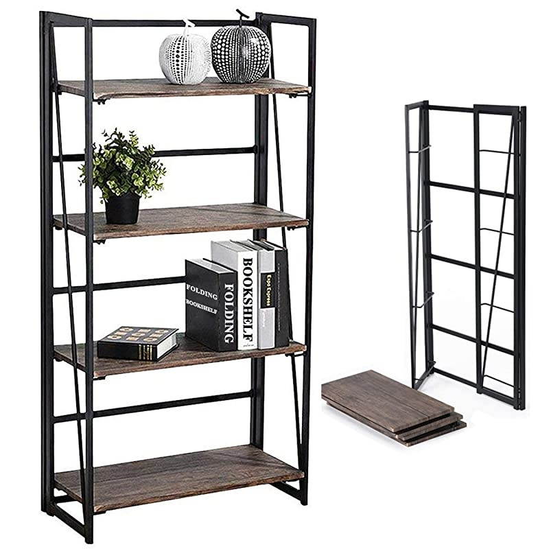 Folding Bookshelf Home Office Industrial Bookcase No Assembly Storage Shelves Vintage 4 Tiers Flower Stand Rustic Metal Book Rack Organizer 236 X 118 X 494 Inches