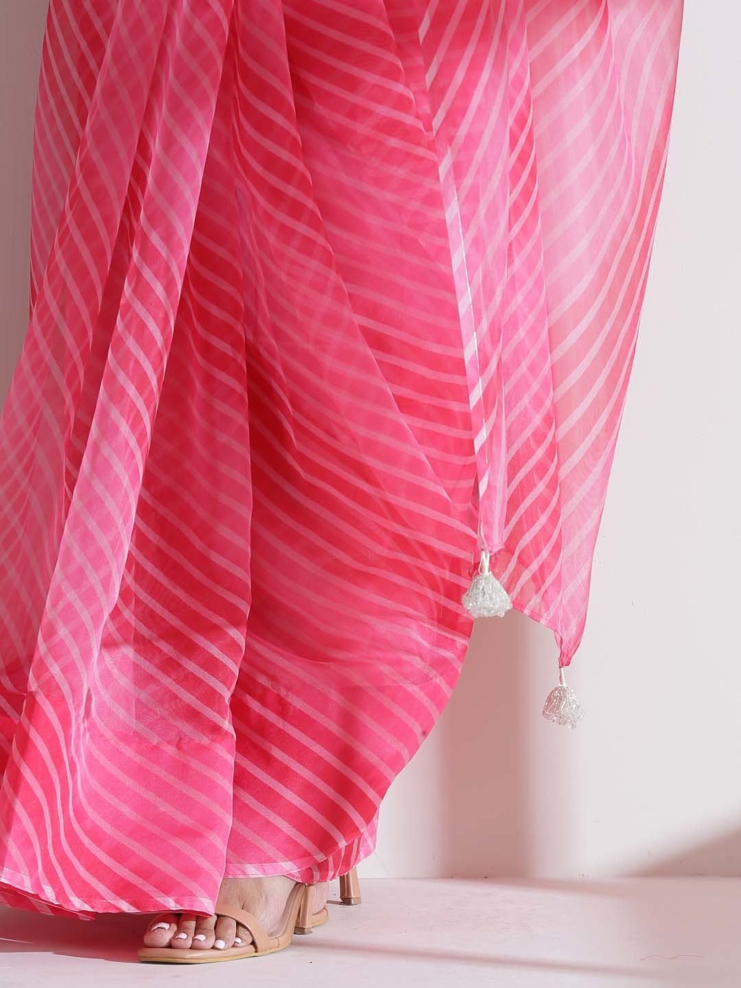 Swtantra Pink Organza Striped Saree