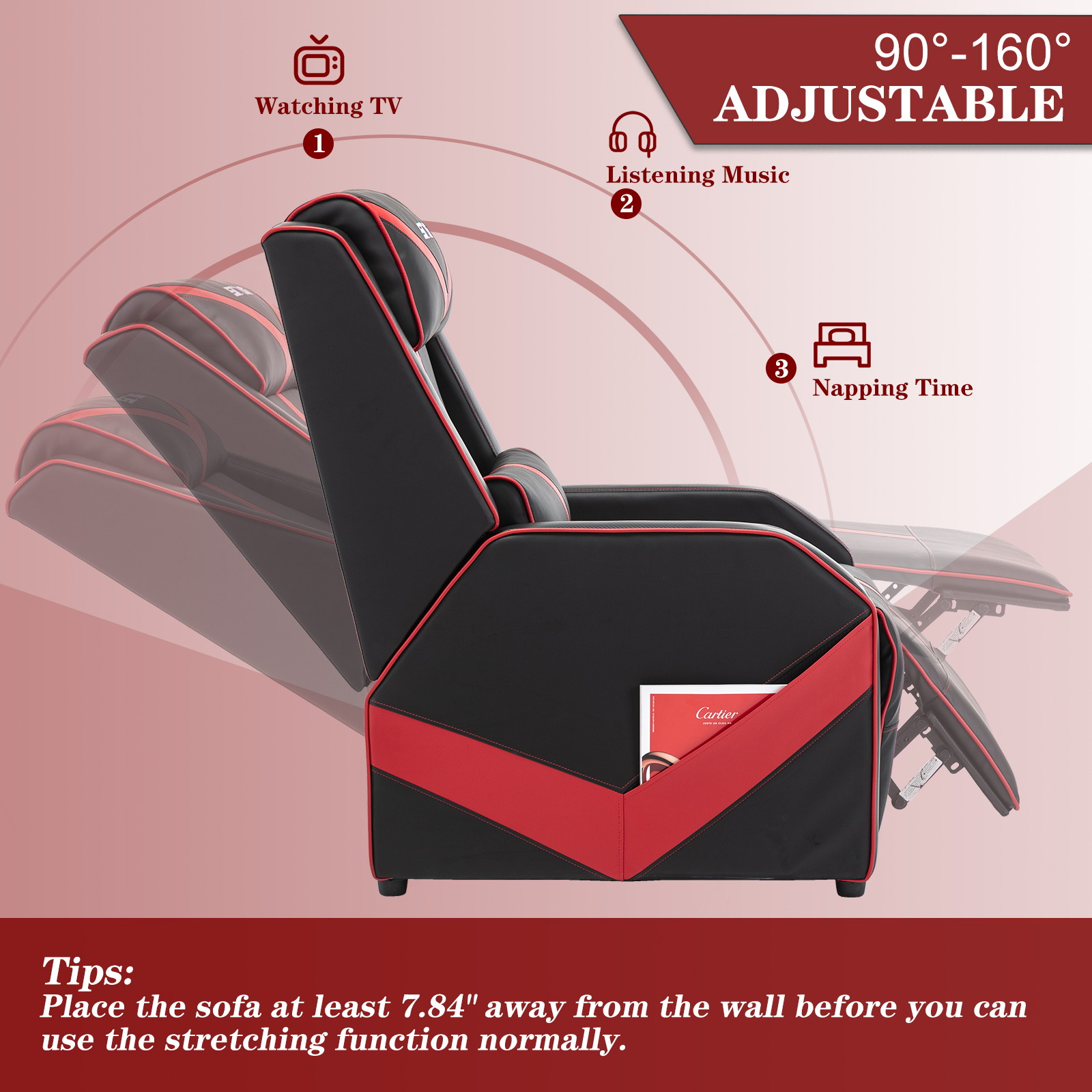 Gaming Recliner Chair Single Living Room Sofa Racing Style Ergonomic Lounge Sofa Modern PU Leather Recliner Home Theater Seat for Living & Gaming Room (Black/Red)