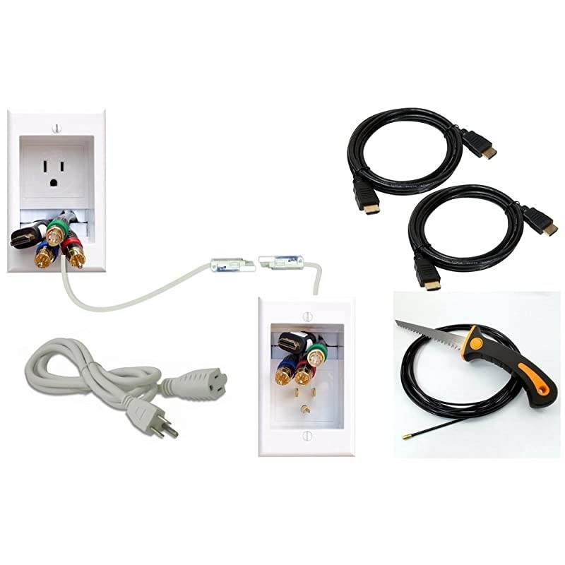 ONE-CK-IKH2 Single Outlet Recessed In-Wall Cable Management System, Two 10-Foot High-Speed HDMI Cables (Latest Standard), Plus Drywall Saw and Cable-Puller Bundle