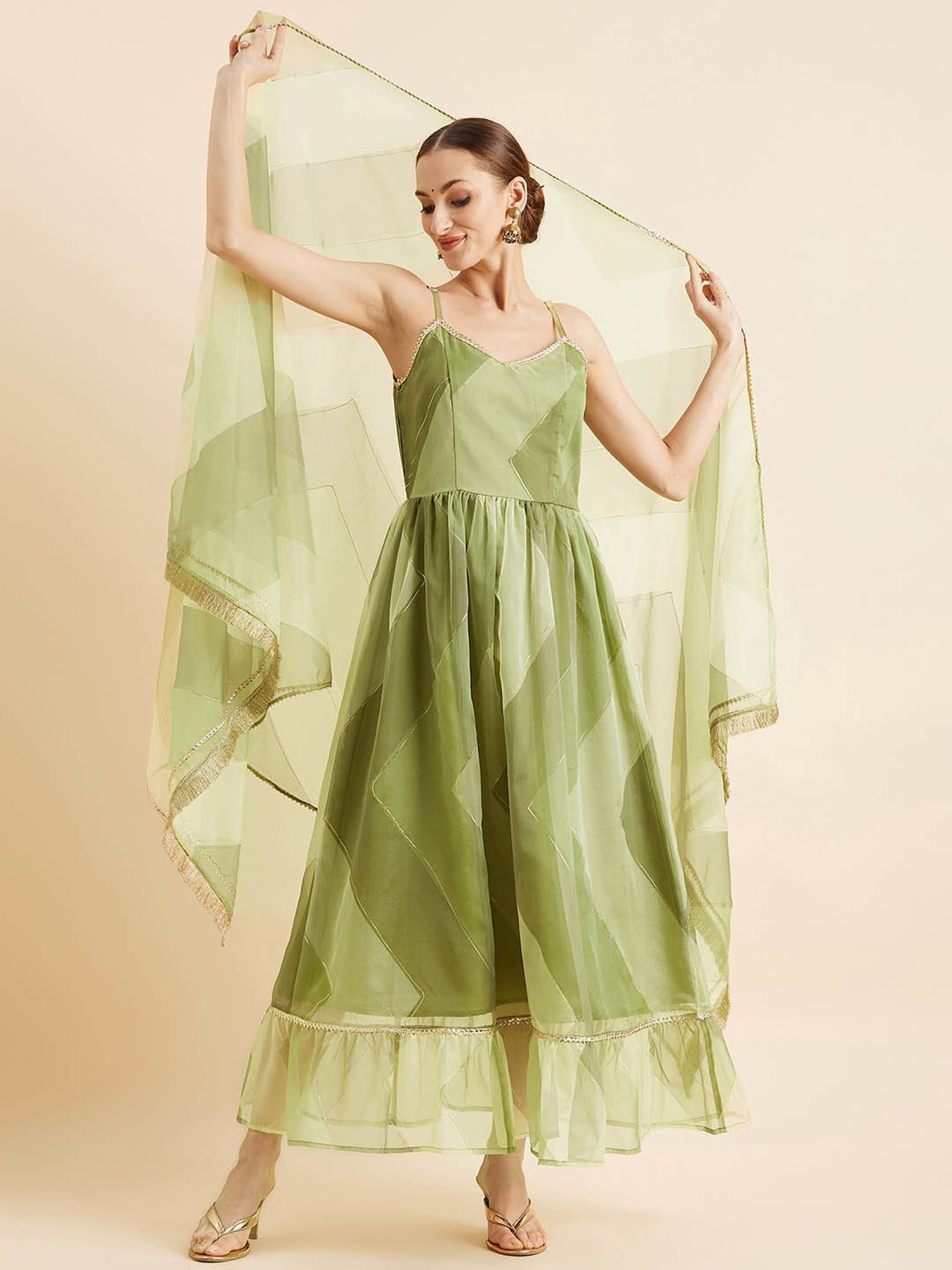 PANIT Green Printed Ethnic Dress With Dupatta