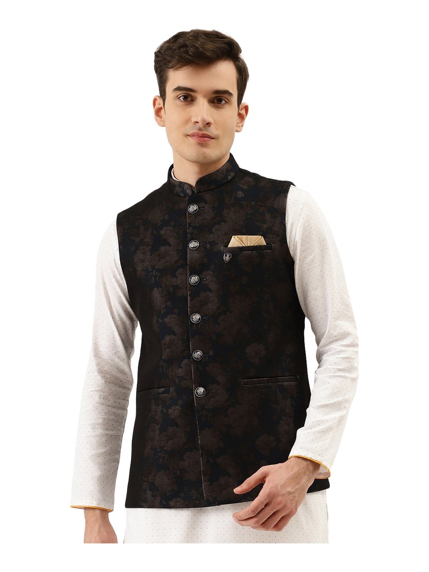 Manyavar Navy Regular Fit Floral Print Nehru Jacket