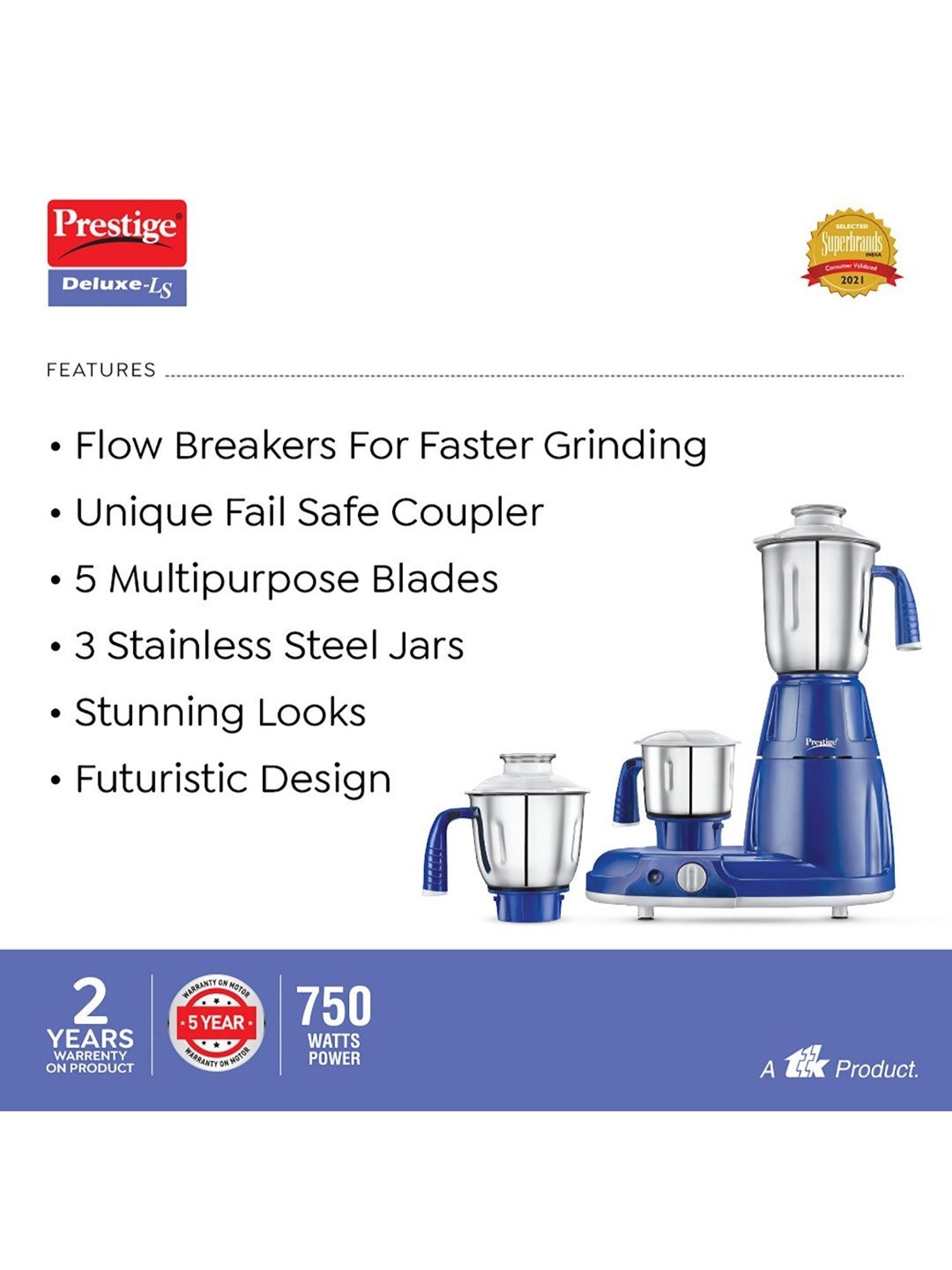 Prestige Deluxe LS Blue 750W Mixer Grinder with 3 Stainless Steel Jars
