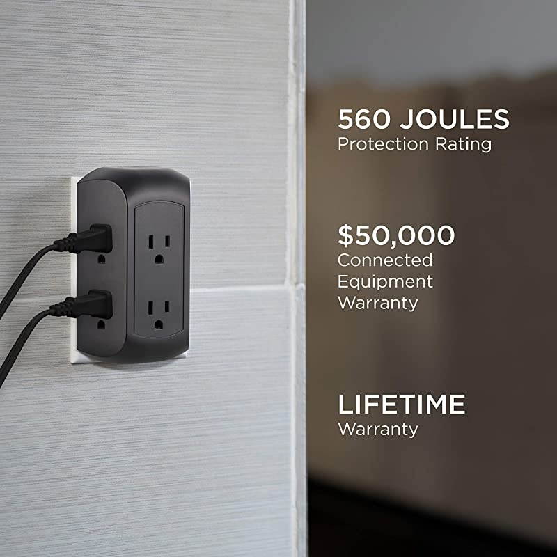 UltraPro 6Outlet Sur Protector Adapter Spaced 3Prong Power Strip Wall Tap Charging Station Side Access Black 47822