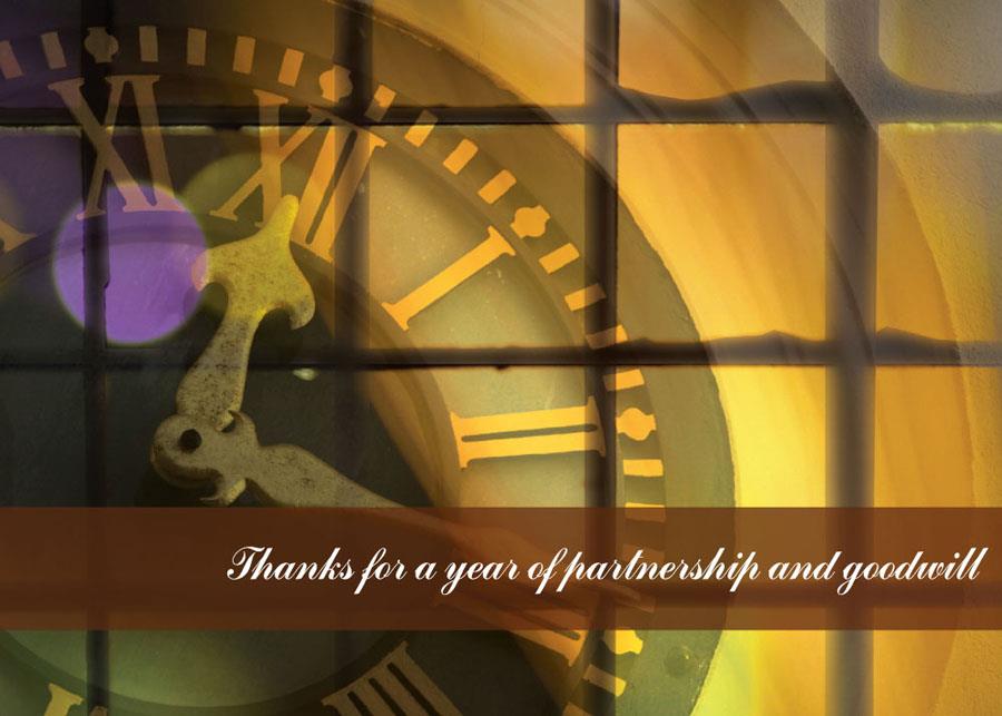 New Year Greeting Cards - N8007. Business Greeting Card with an Image of an Old Clock. Box Set Has 25 Greeting Cards and 26 White with Gold Foil Lined Envelopes.