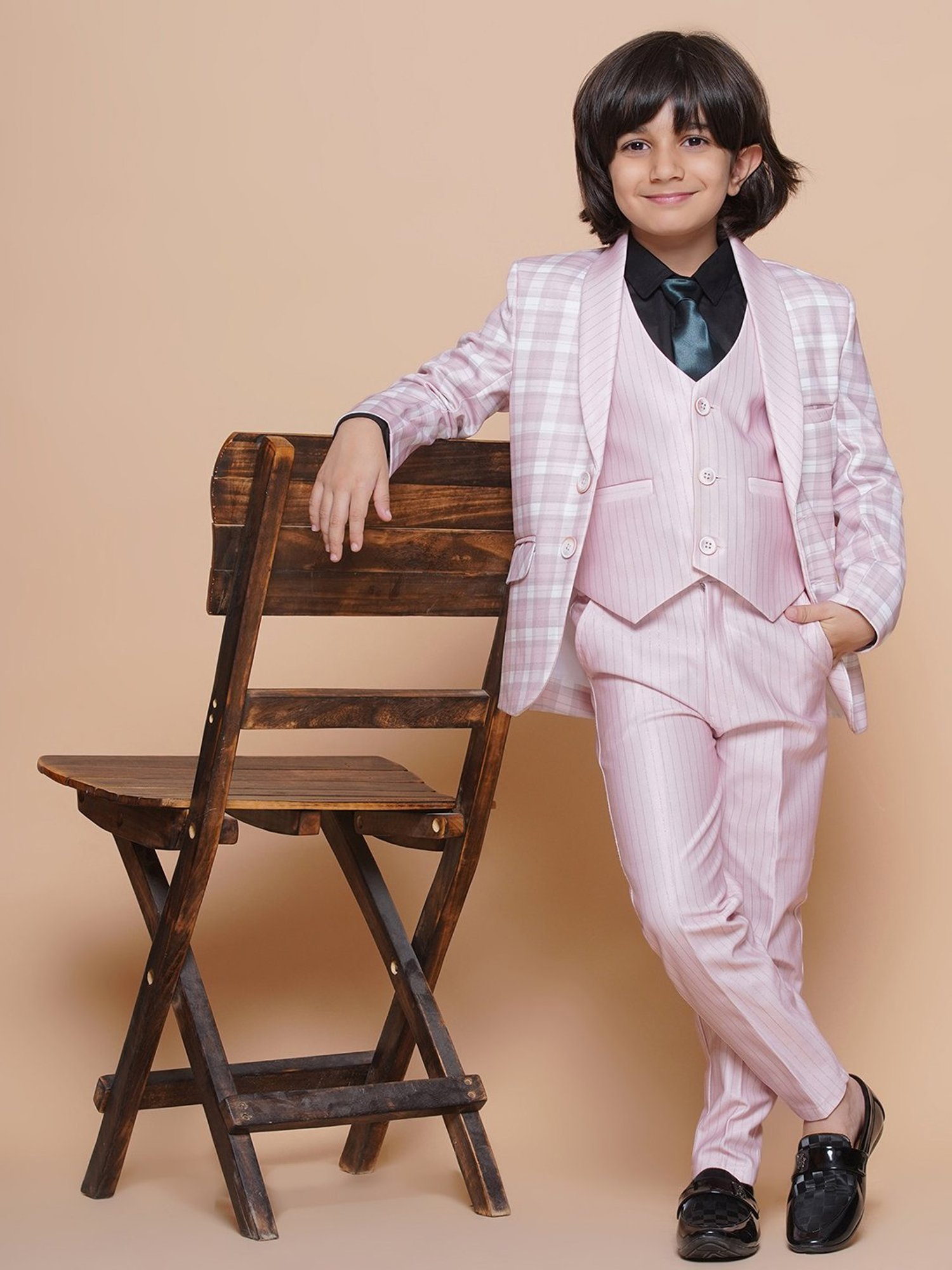 AJ Dezines Kids Light Pink Checks Full Sleeves Shirt, Pants, Coat, Waistcoat with Tie