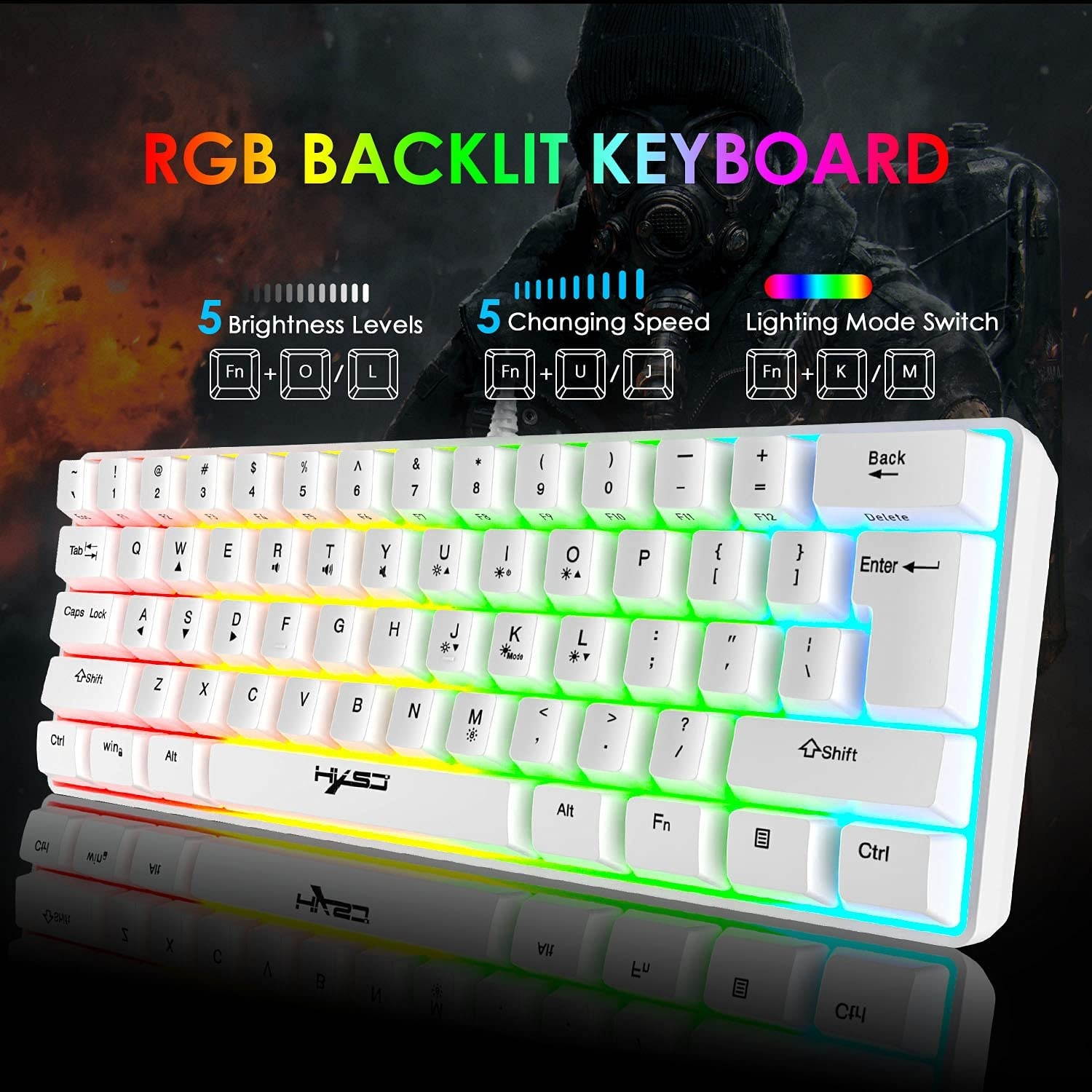 60% Wired Gaming Keyboard, RGB Backlit Ultra-Compact Mini Keyboard, Mini Ergonomic 61 Keys Keyboard,Mechanical Feel Type-C USB Waterproof for PC/Mac Gamer, Typist(White)
