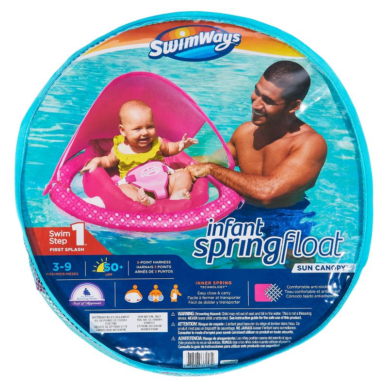 SwimWays Infant Baby Inflatable Swimming Pool Spring Float with Shade Canopy and 3 Point Harness for Ages 3 to 9 Months, Pink Flower