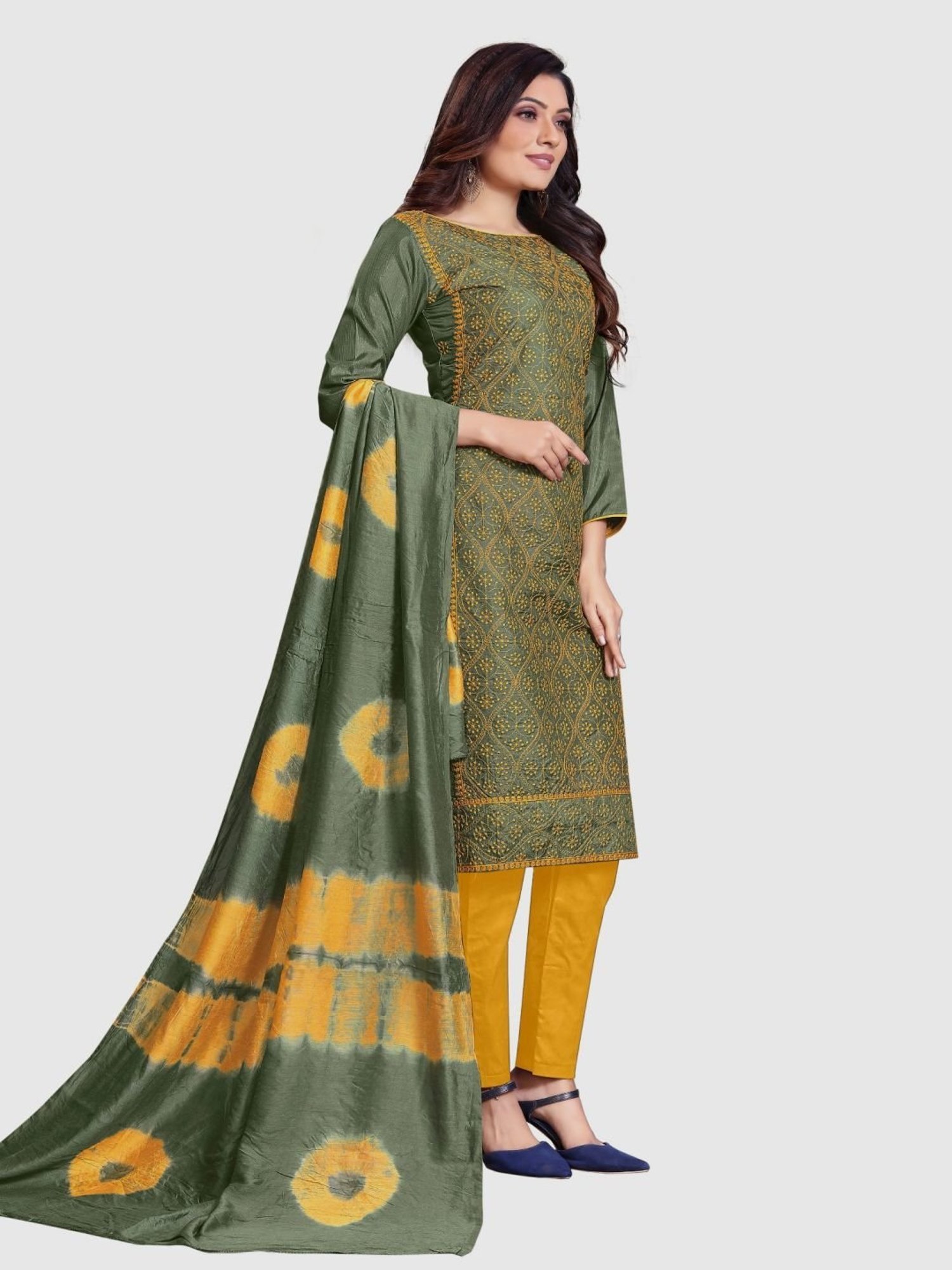 APNISHA Green & Yellow Embroidered Unstitched Dress Material