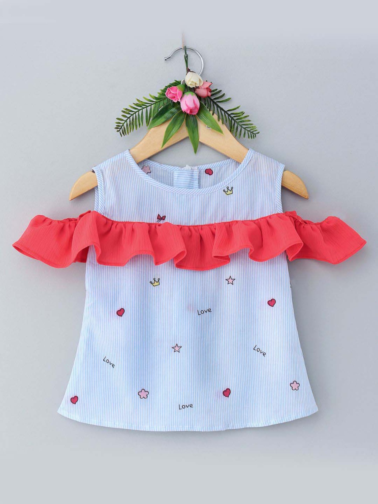 Many Frocks Kids Blue & Dark Pink Cotton Printed Top