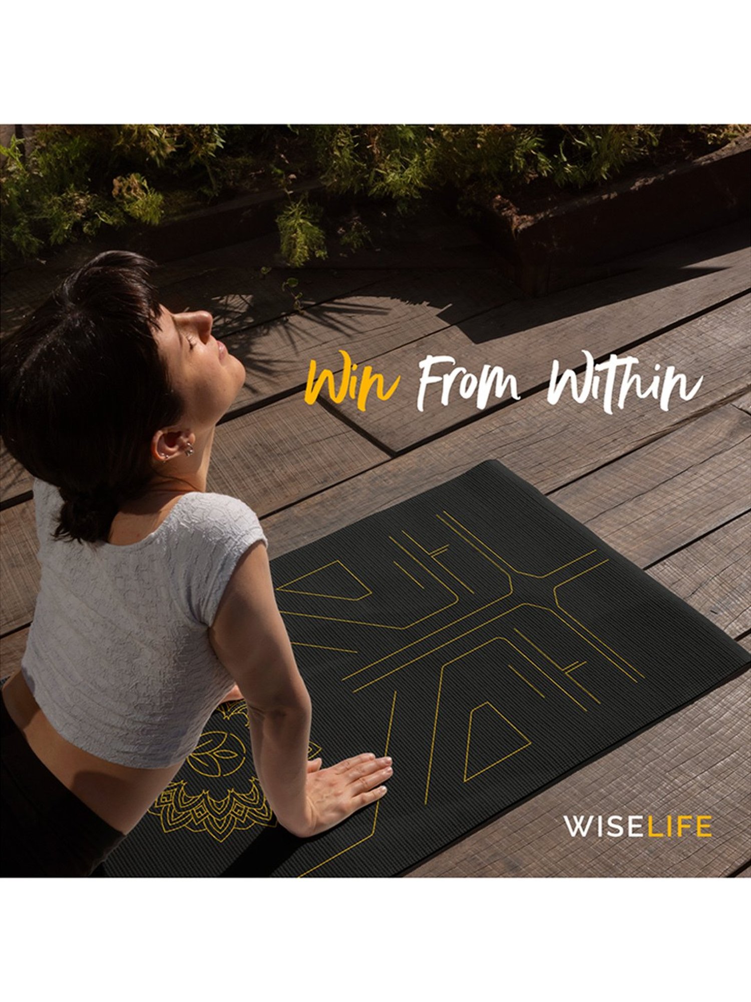 WiseLife TRU Alignment Yoga Mat + Sleek Yoga Strap for Men and Women (Black)
