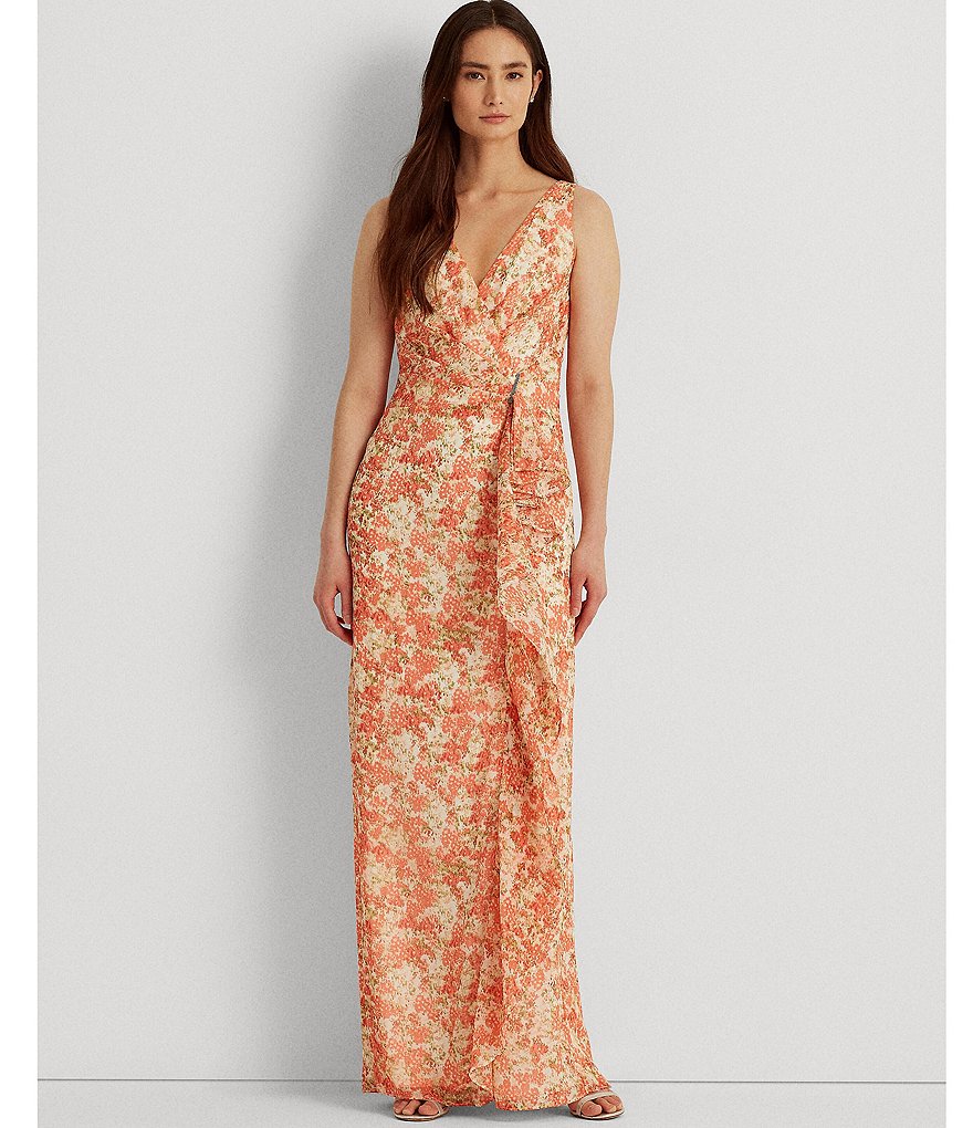 Jkara Chiffon Popover Beaded V-Neck 3/4 Capelet Sleeve Gown