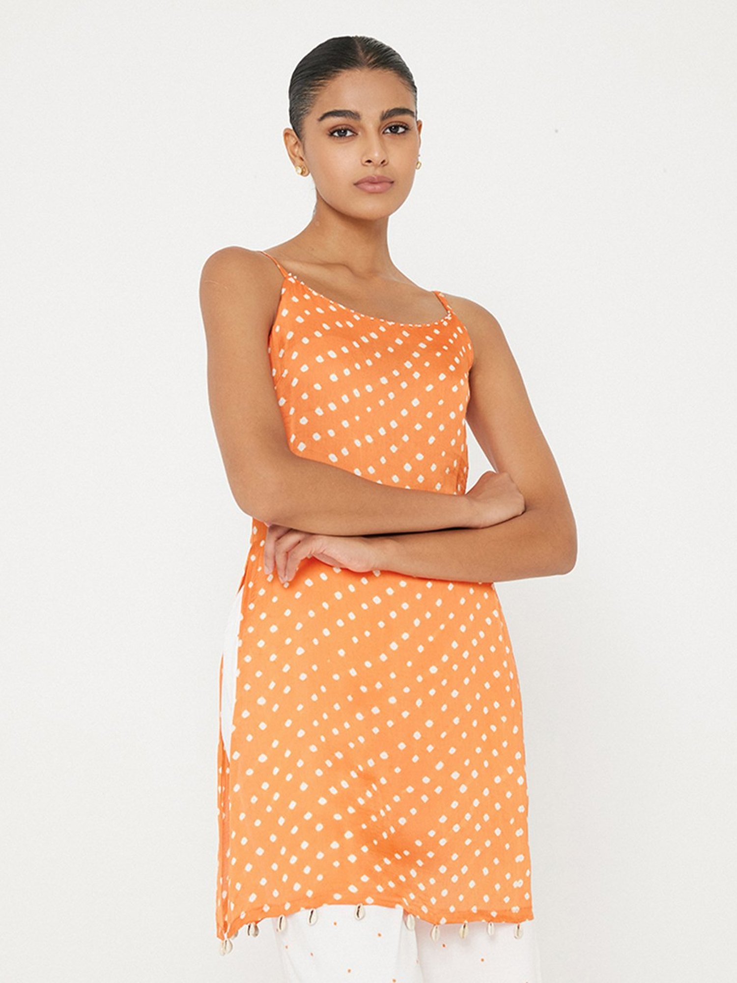 ANCESTRY Orange Bandhani Print Straight Kurti