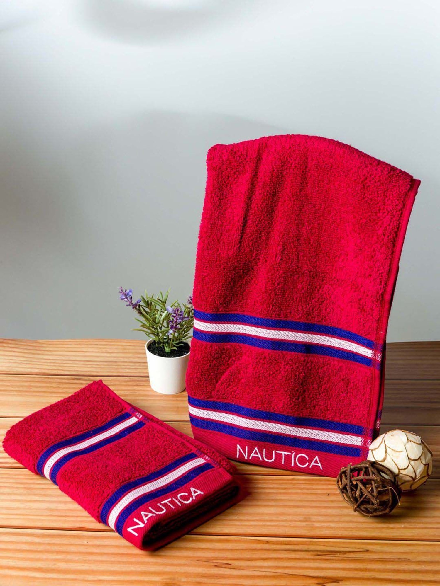 Nautica Vintage Crew Stripe Burgundy Cotton 500 GSM Super Soft Zero Twist Hand Towel - Set of 2
