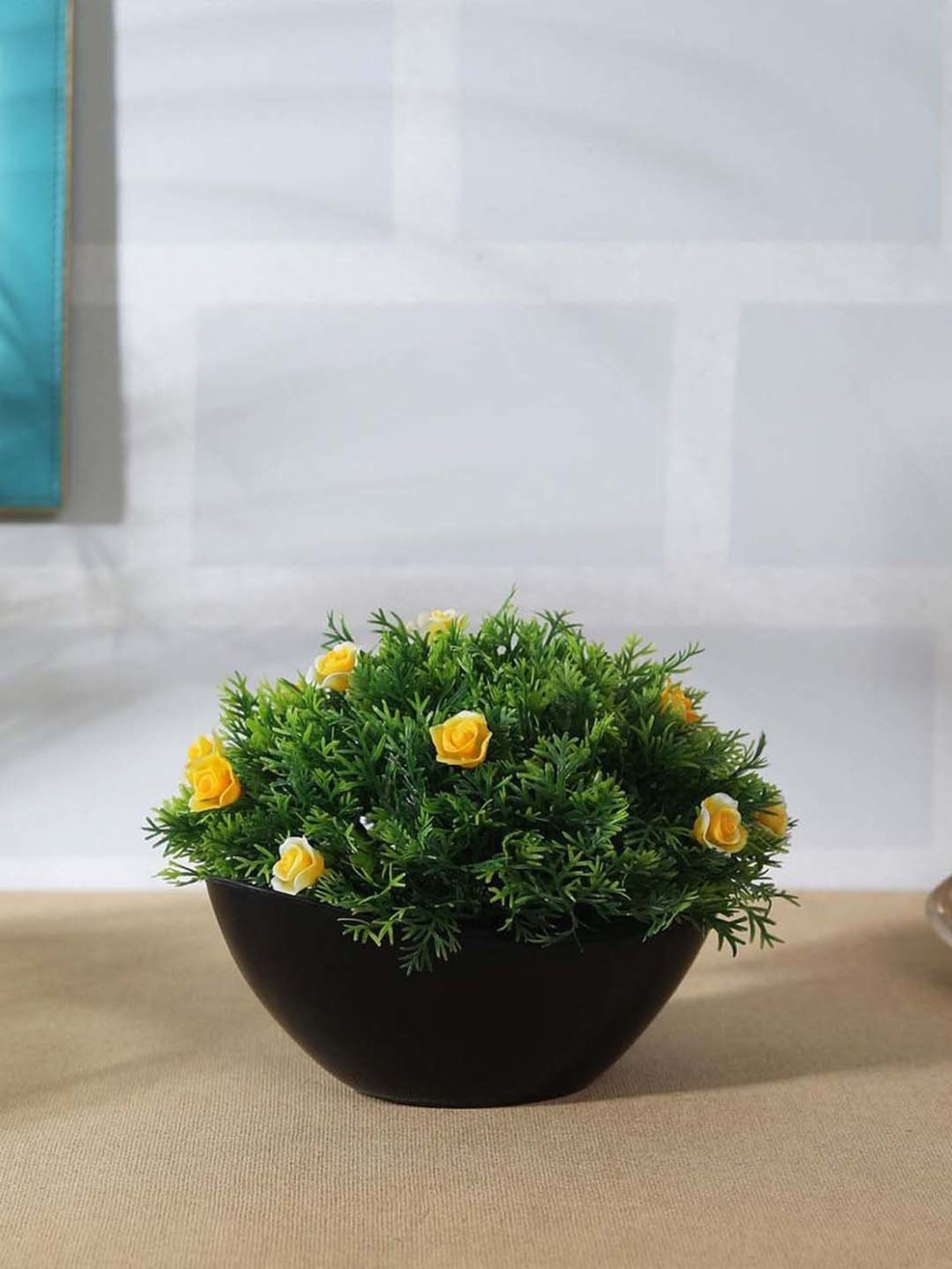 Foliyaj Green & Yellow Plastic Artificial Plant With Thick Leaves And Roses