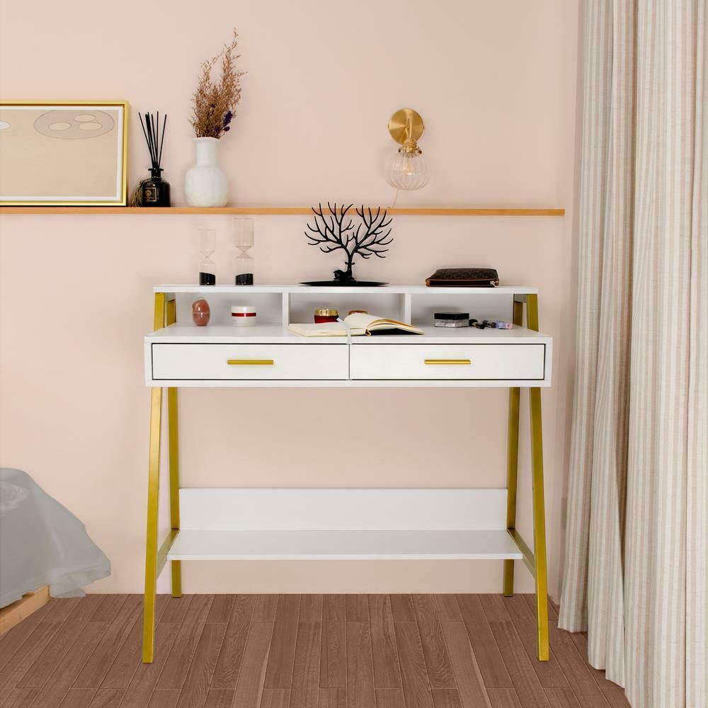 Makeup Dressing Table Vanity Set 2 Jewelry DrawerLighted Round Mirror White