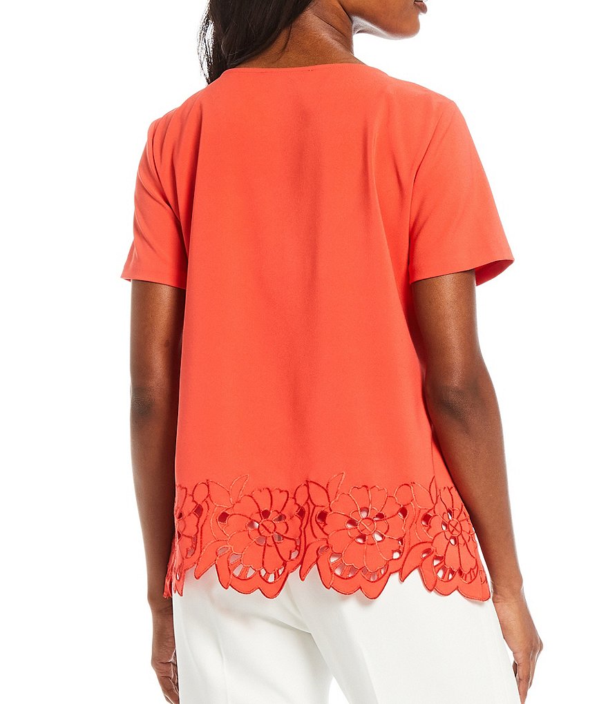 Preston & York Pat Laser Cut Floral Hem Crew Neck Short Sleeve Blouse